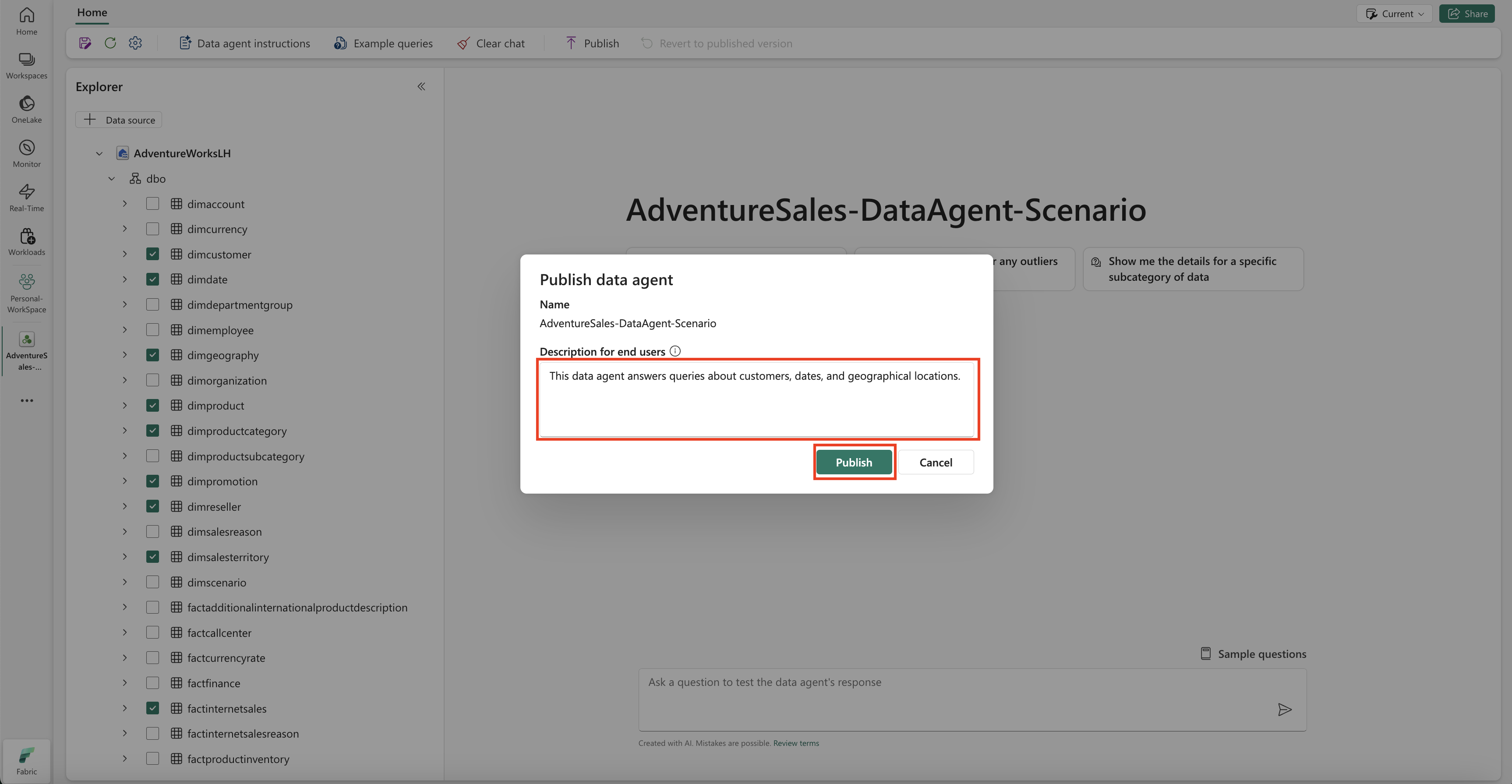 Screenshot showing the publish data agent feature.