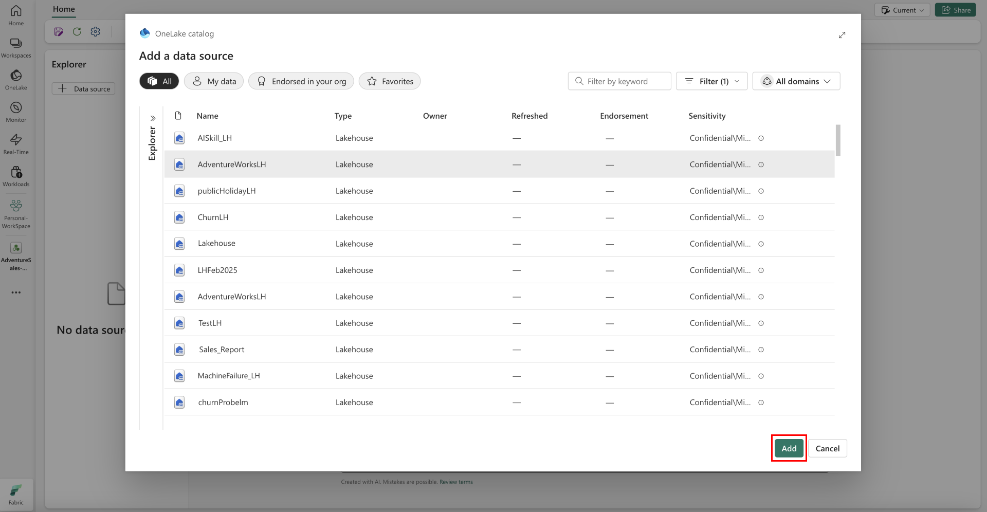 Screenshot showing the add a lakehouse step.