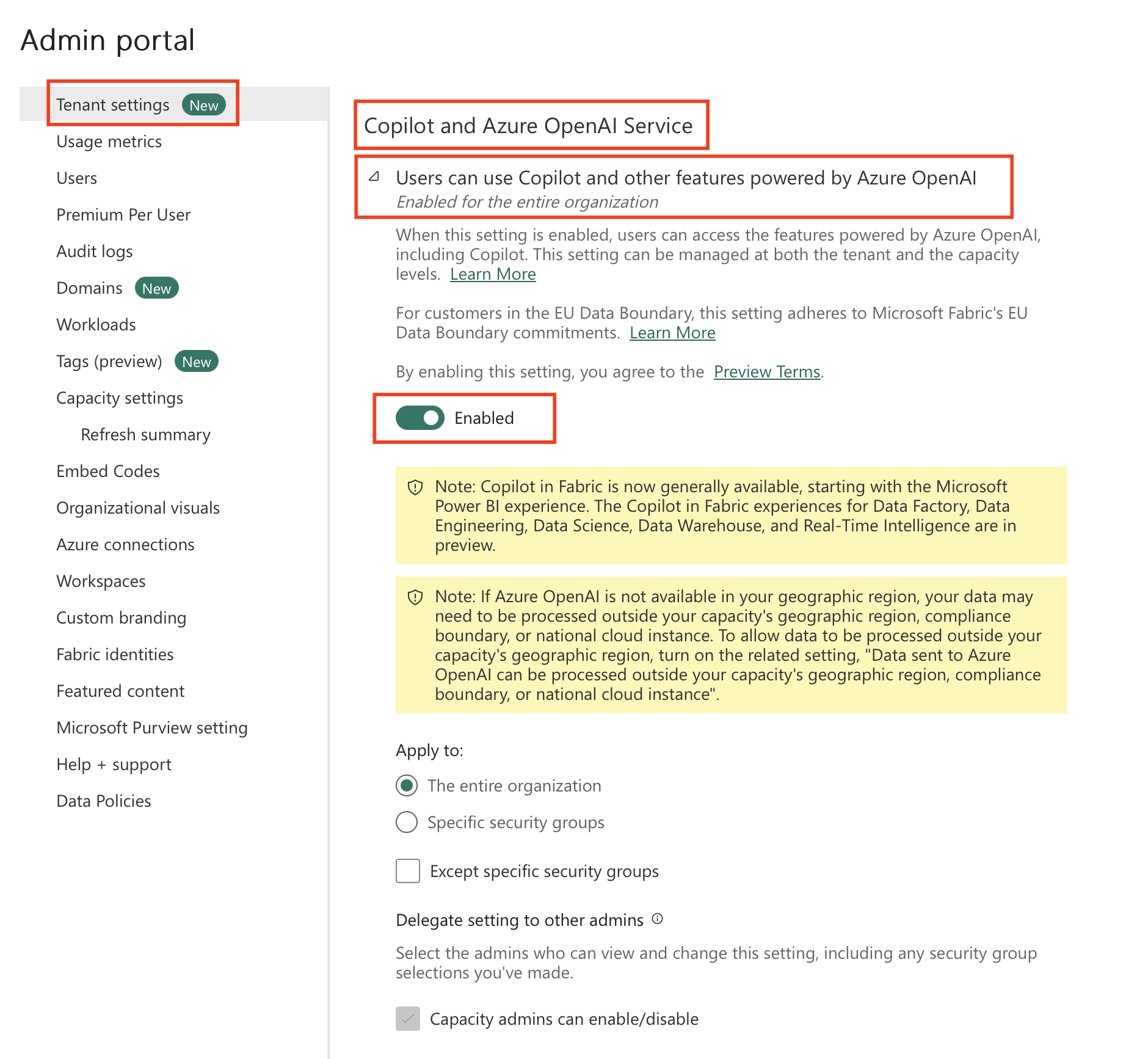 Screenshot showing the tenant setting where Copilot can be enabled and disabled.
