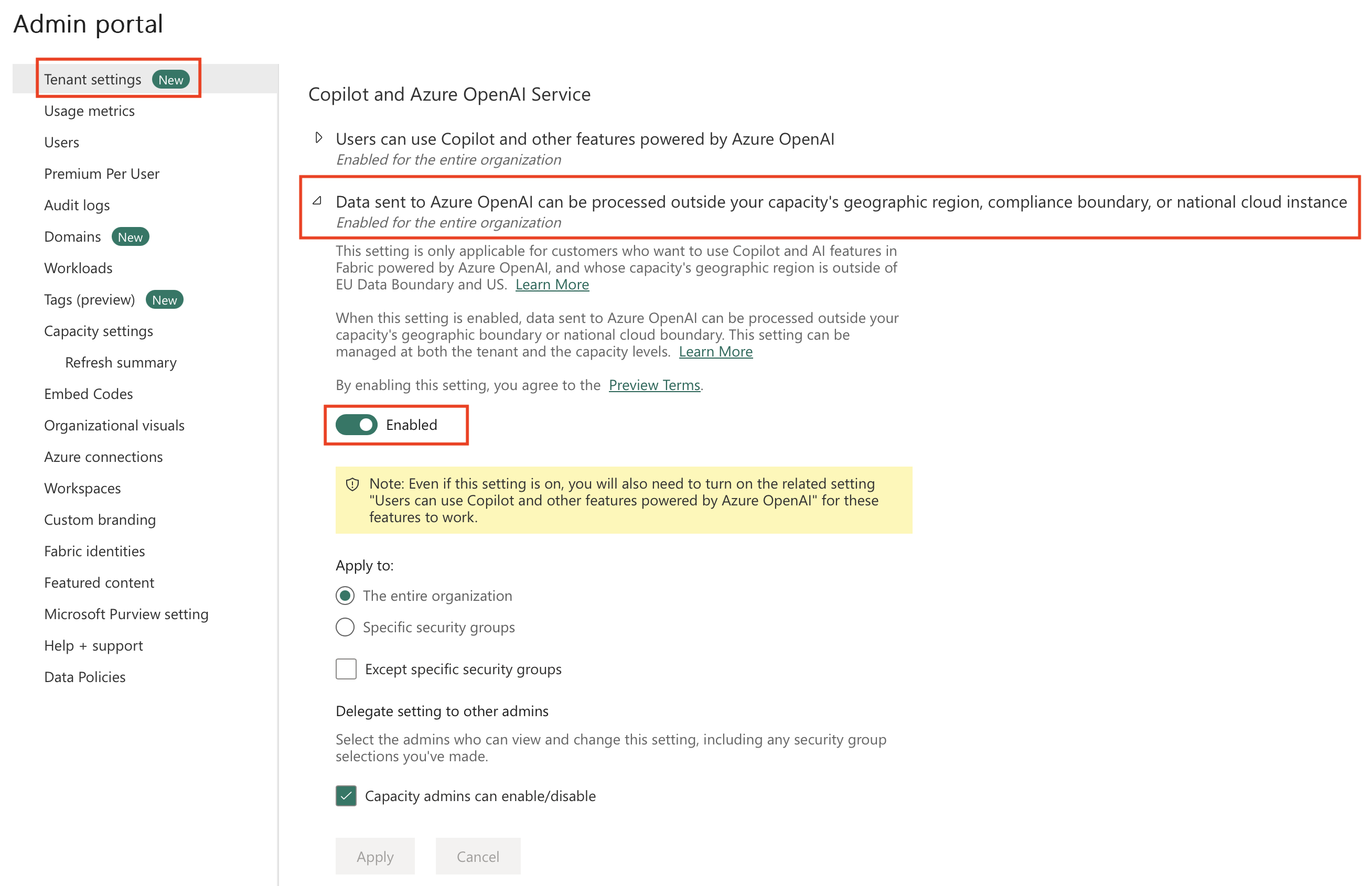 Screenshot showing the tenant setting for data processing outside the capacity's region.