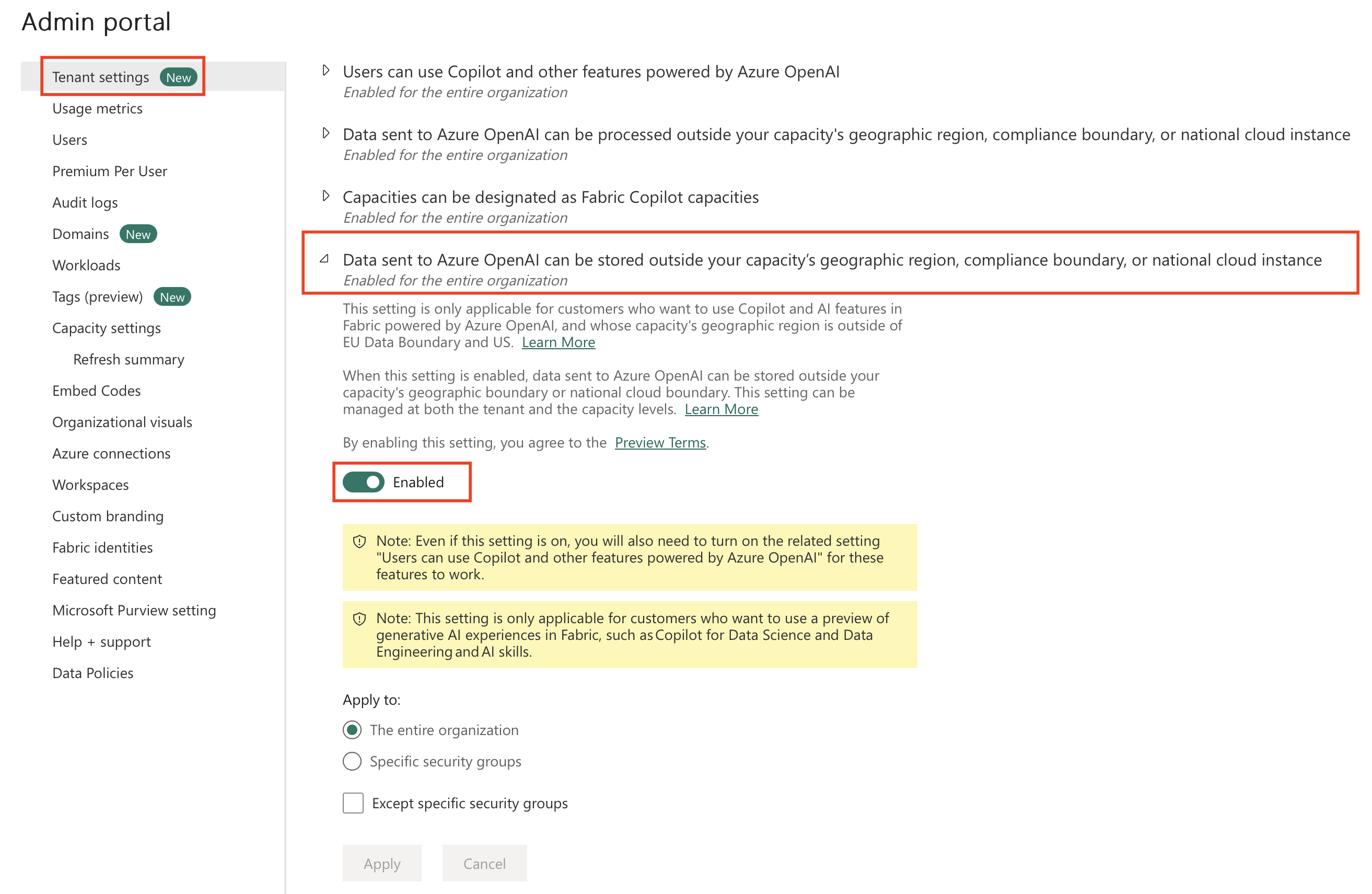 Screenshot of Fabric Copilot Storage setting in the admin portal.