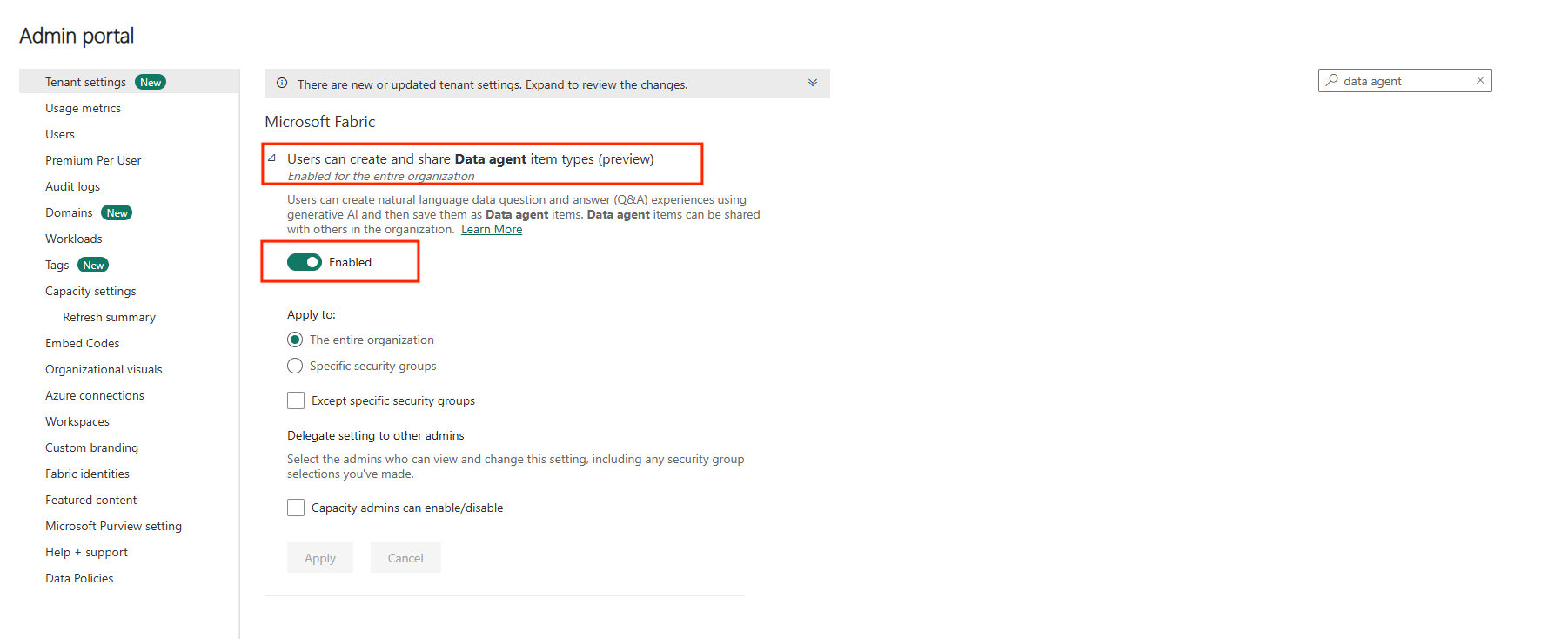 Screenshot highlighting the Fabric data agent creation and sharing option in the admin portal.
