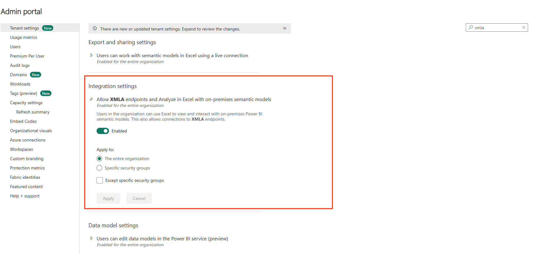 Screenshot highlighting the XMLA setting in the admin portal.