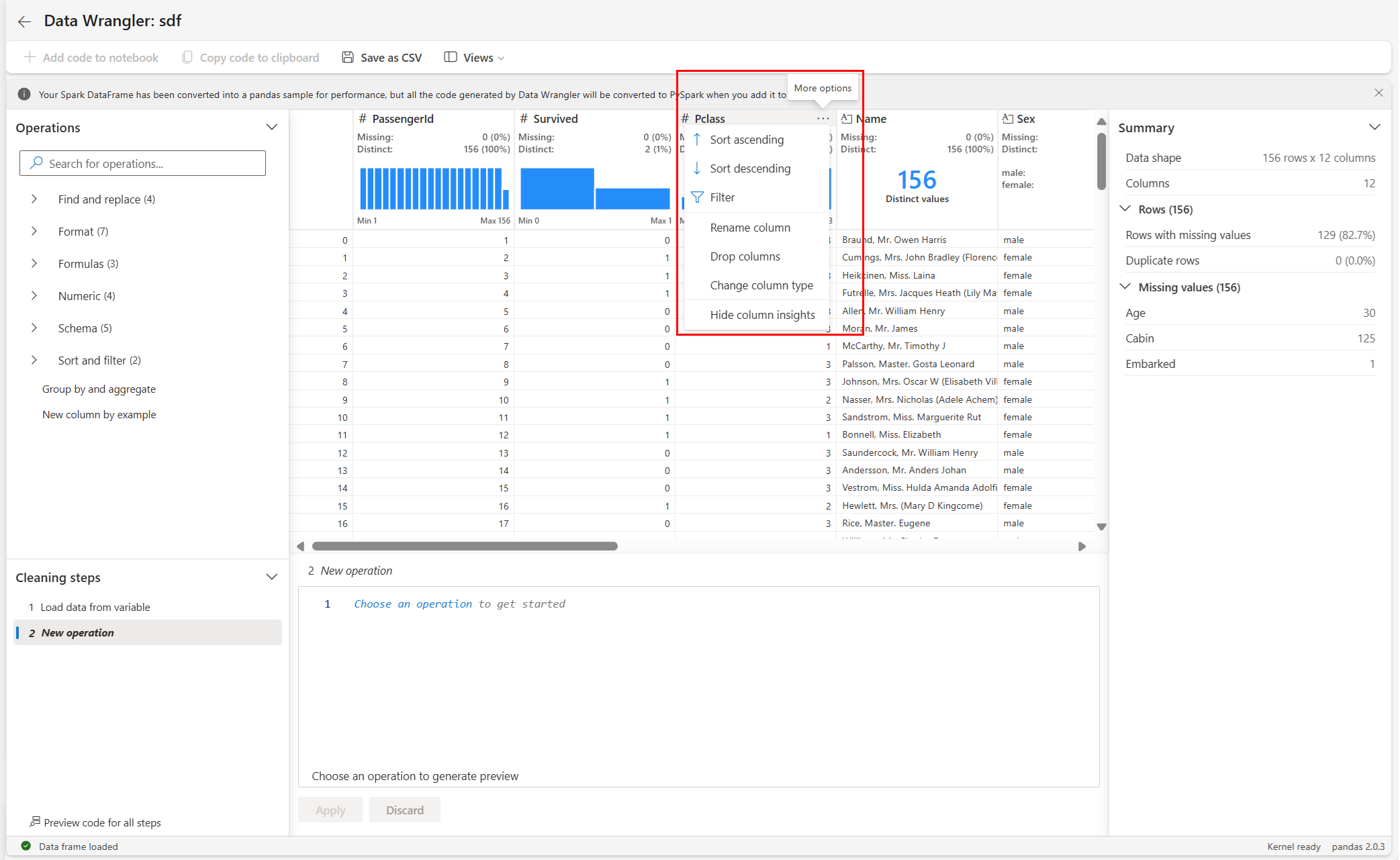 Screenshot showing a Data Wrangler operation that can be applied from the column header menu.