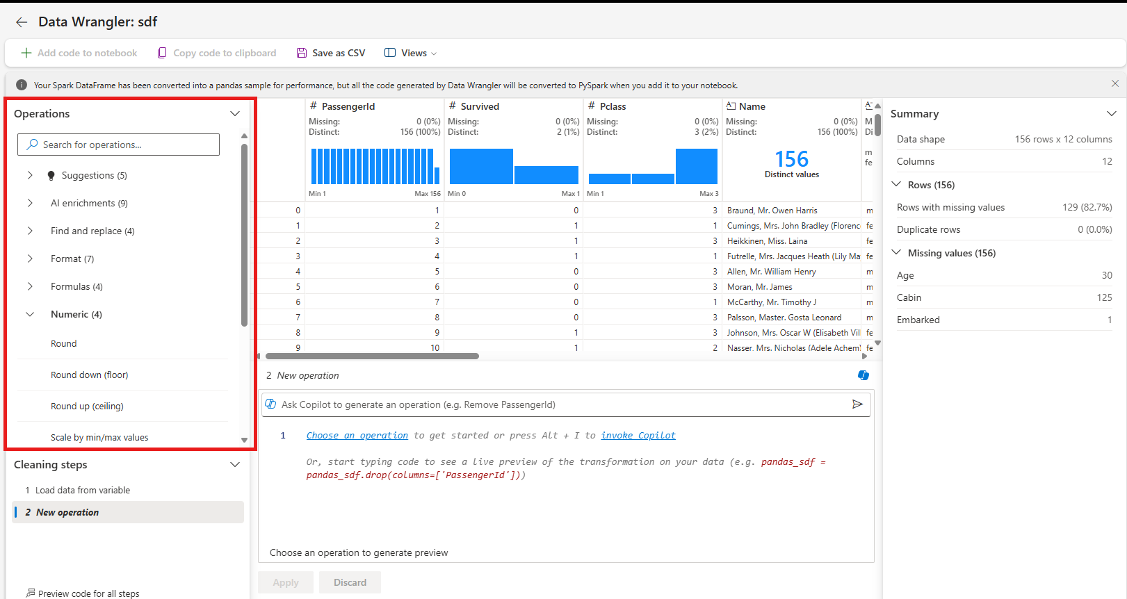 Screenshot showing the Data Wrangler Operations panel.