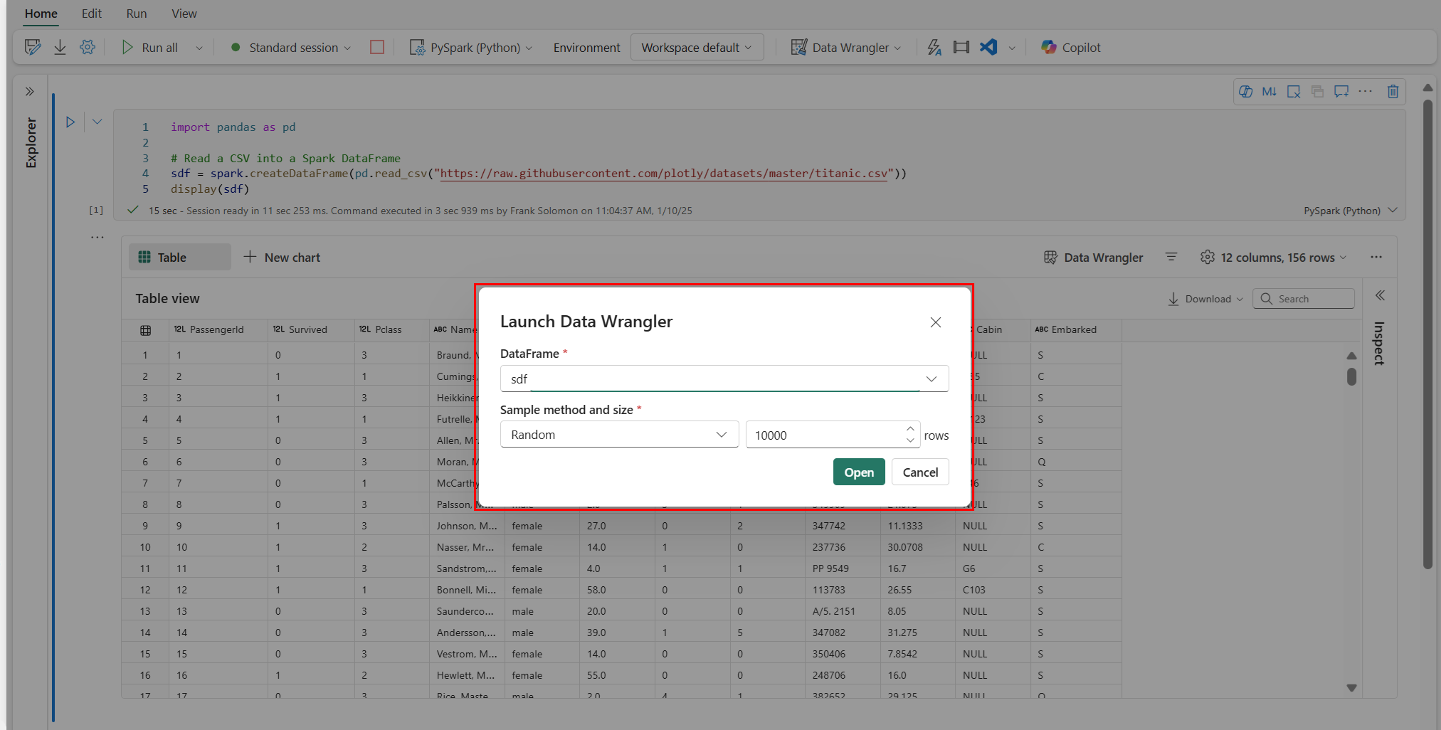 Screenshot showing the Data Wrangler custom sample prompt.