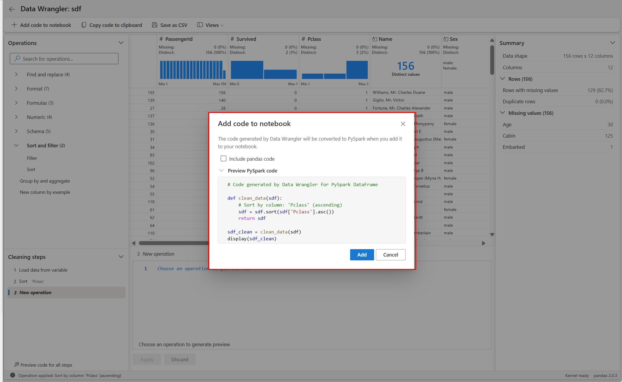 Screenshot showing the PySpark preview in the export code prompt in Data Wrangler.