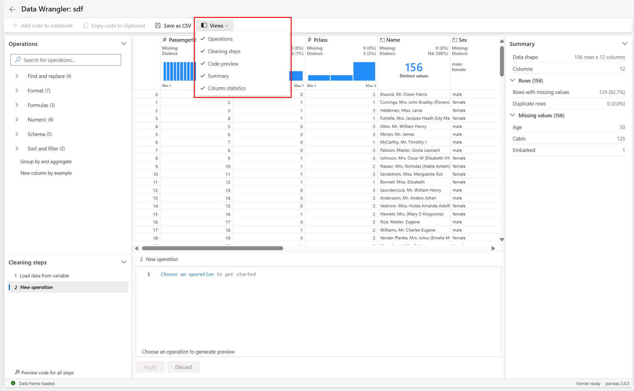 Screenshot showing the Data Wrangler menu for customizing the display view.