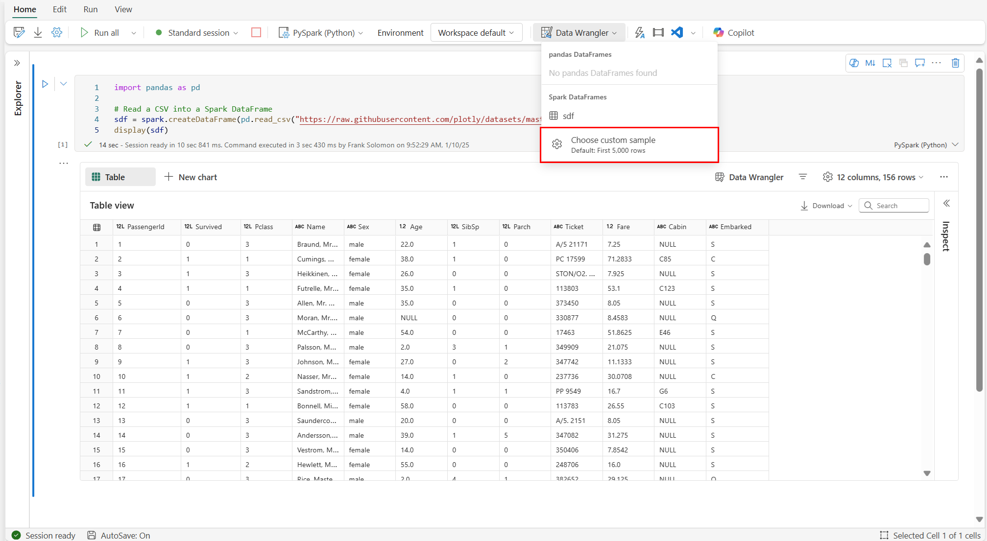 Screenshot showing the Data Wrangler dropdown prompt with the custom sample option outlined.