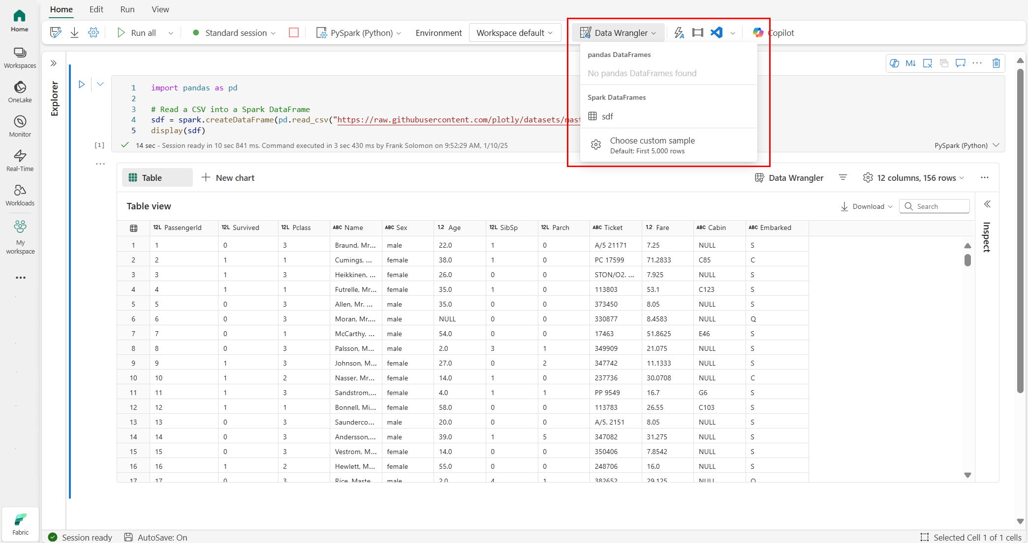 Screenshot showing a Fabric notebook with the Data Wrangler dropdown prompt.