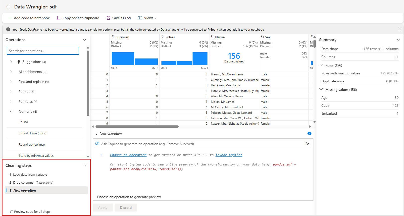 Screenshot showing an applied Data Wrangler operation.