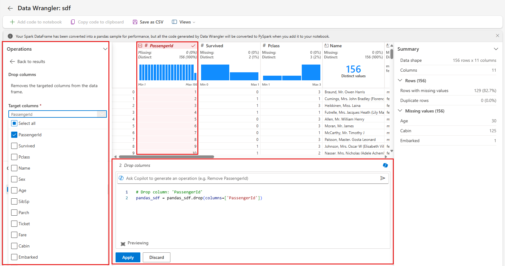 Screenshot showing a Data Wrangler operation in progress.