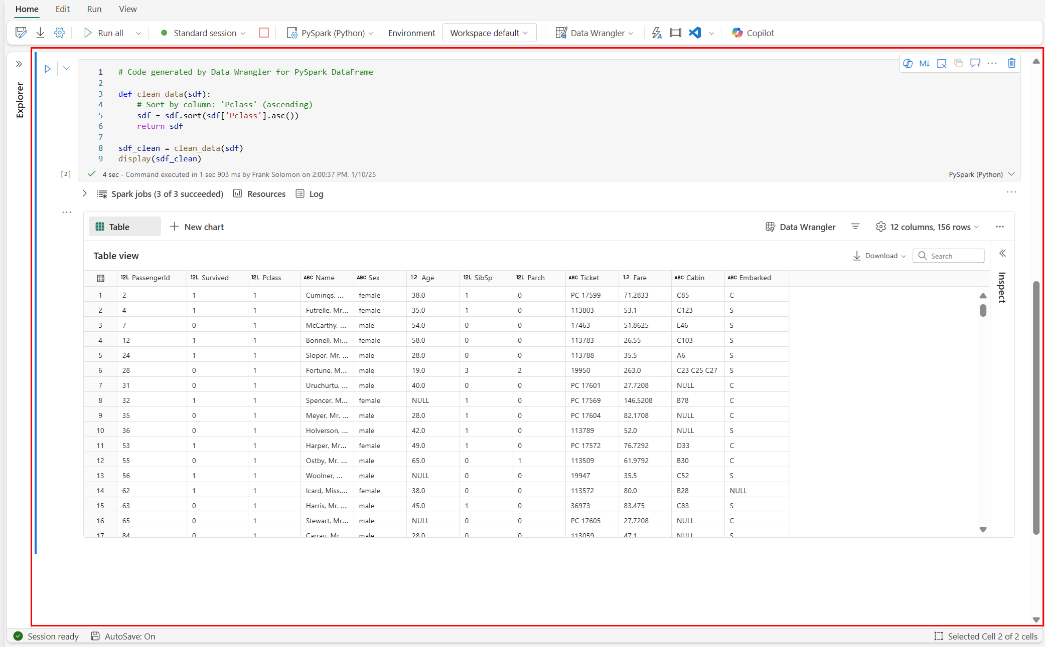 Screenshot showing the code generated by Data Wrangler back in the notebook.