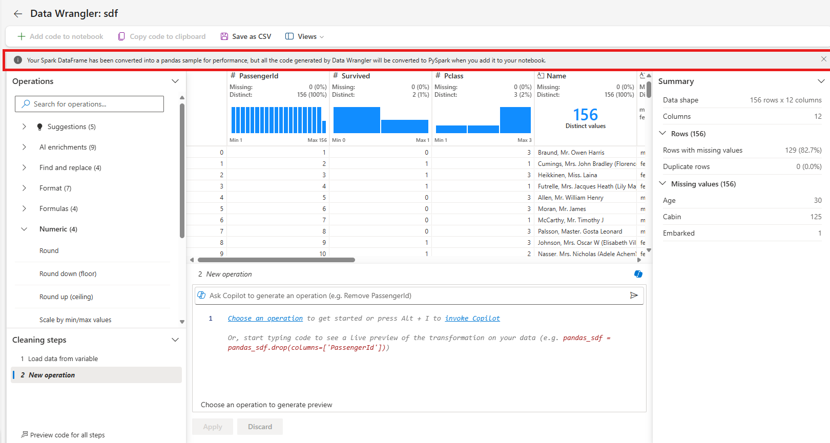 Screenshot showing the Data Wrangler display grid and Summary panel.