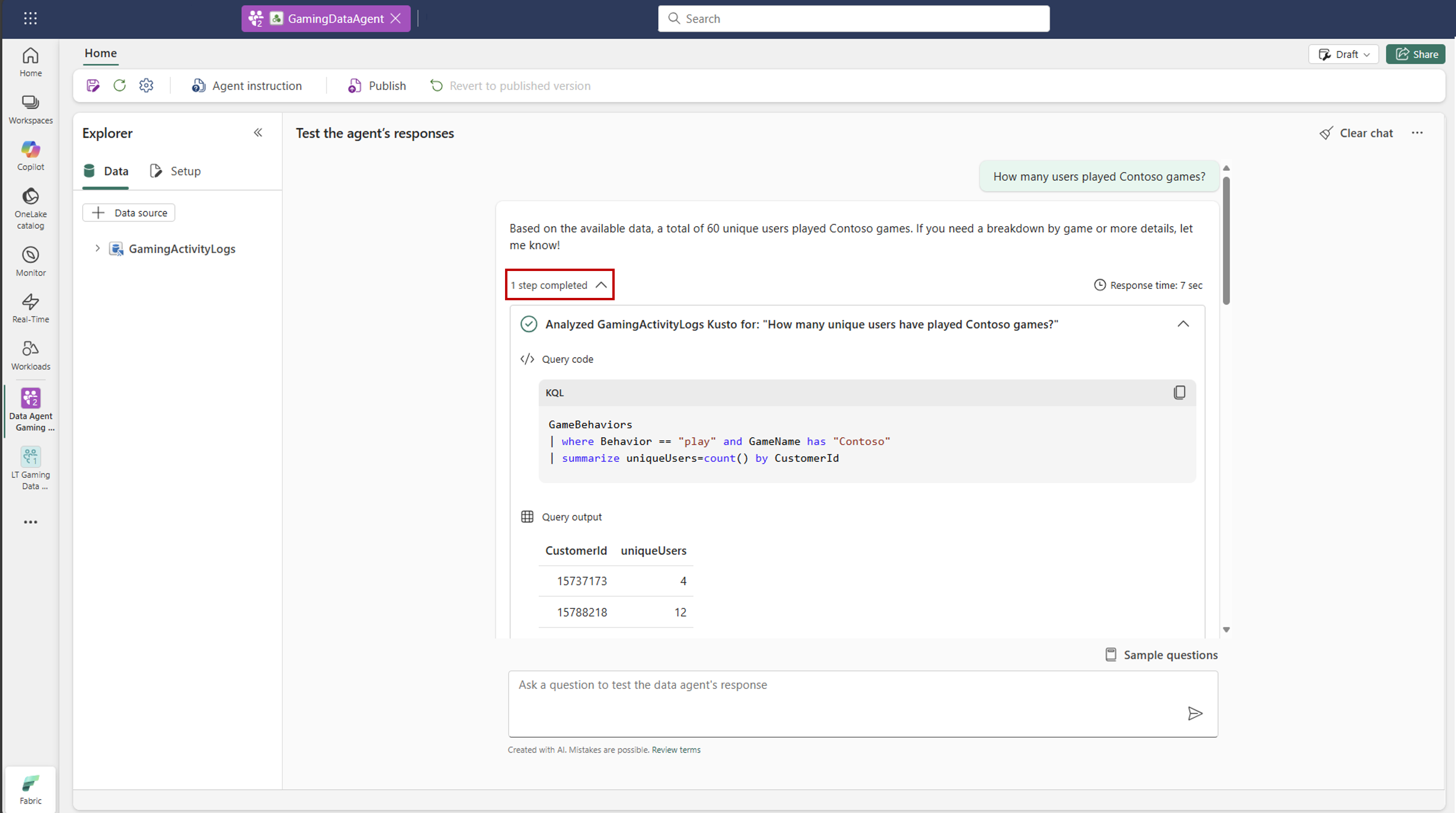 Screenshot showing the steps taken by a Fabric data agent.