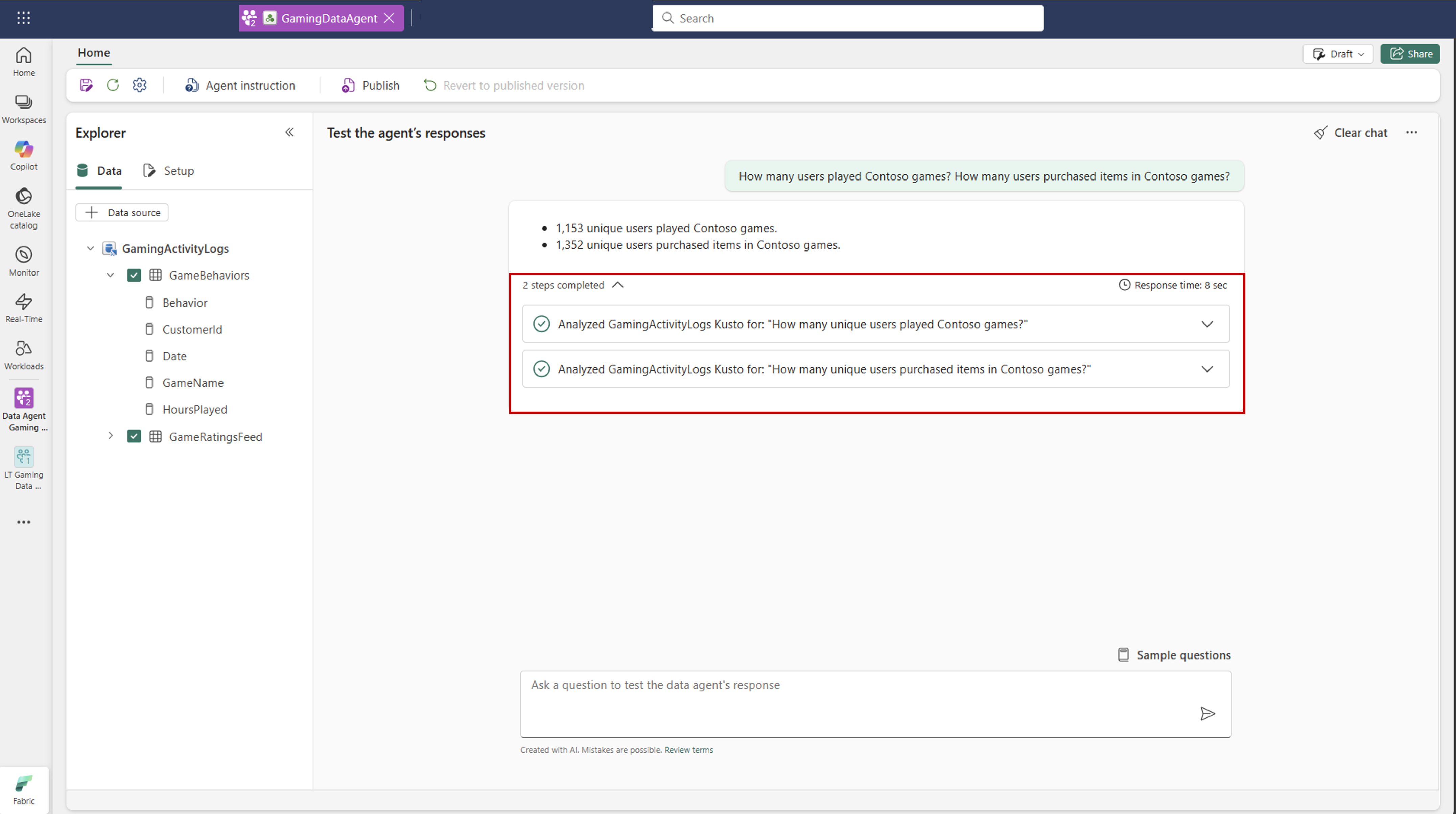 Screenshot showing the answer to the question by a Fabric data agent.