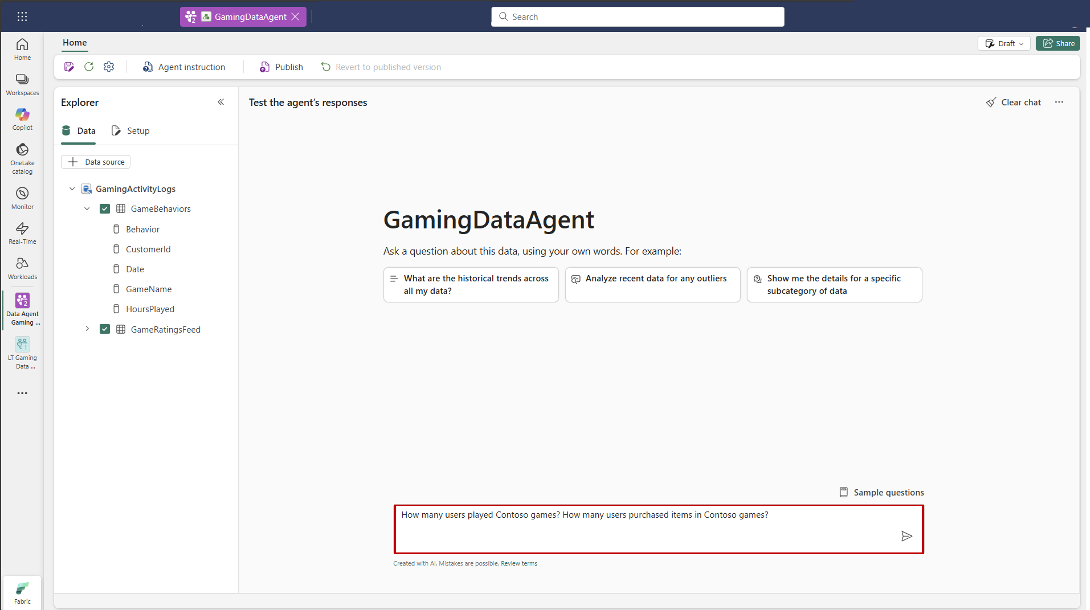 Screenshot showing a question for a Fabric data agent.