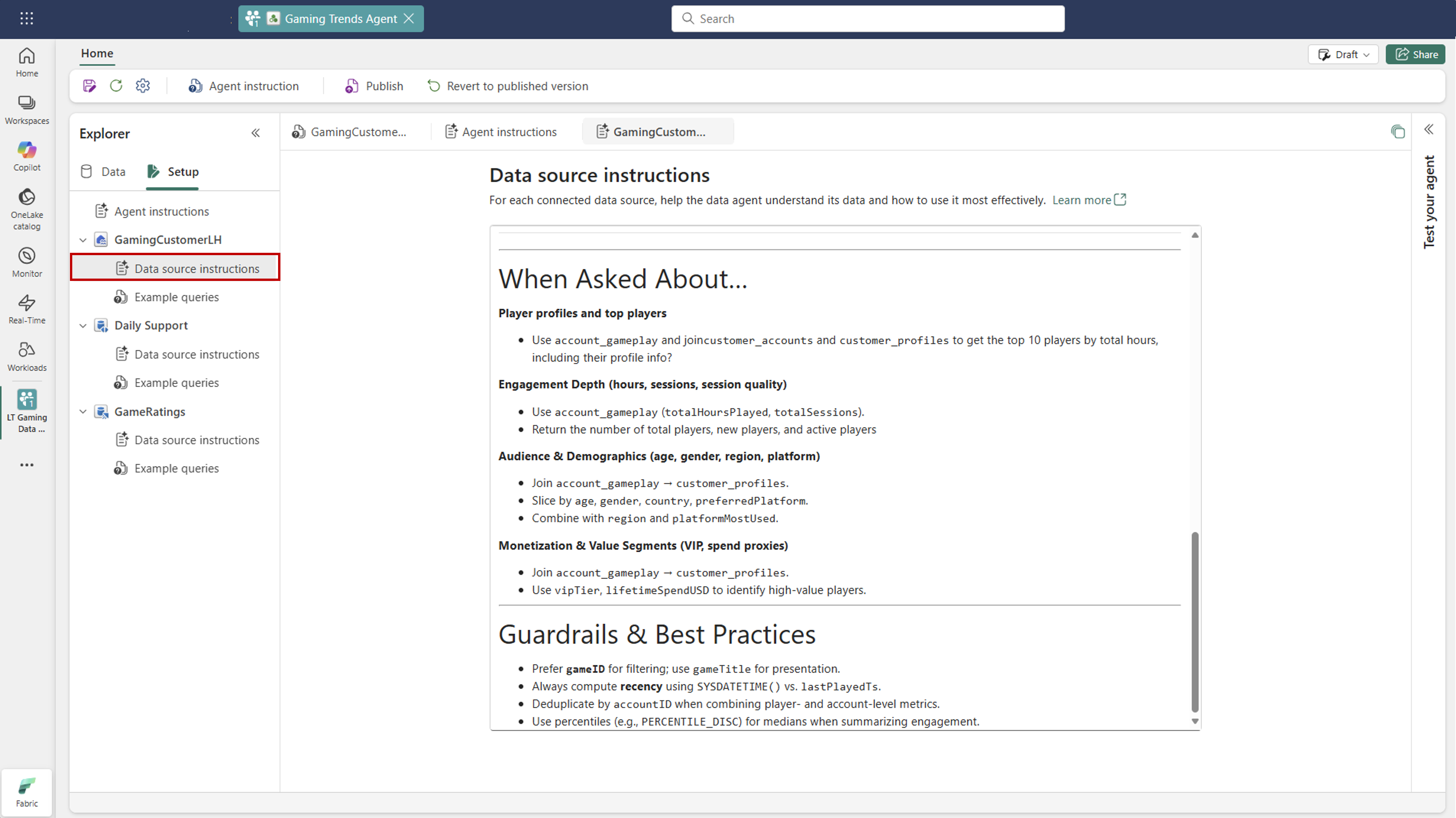 Screenshot of adding data source level instructions to the data agent