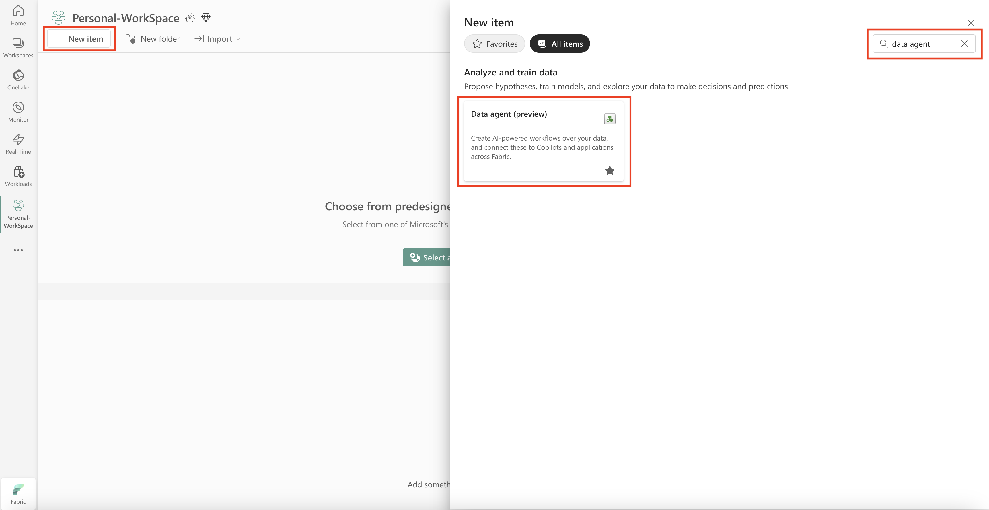 Screenshot showing creation of a Fabric data agent.