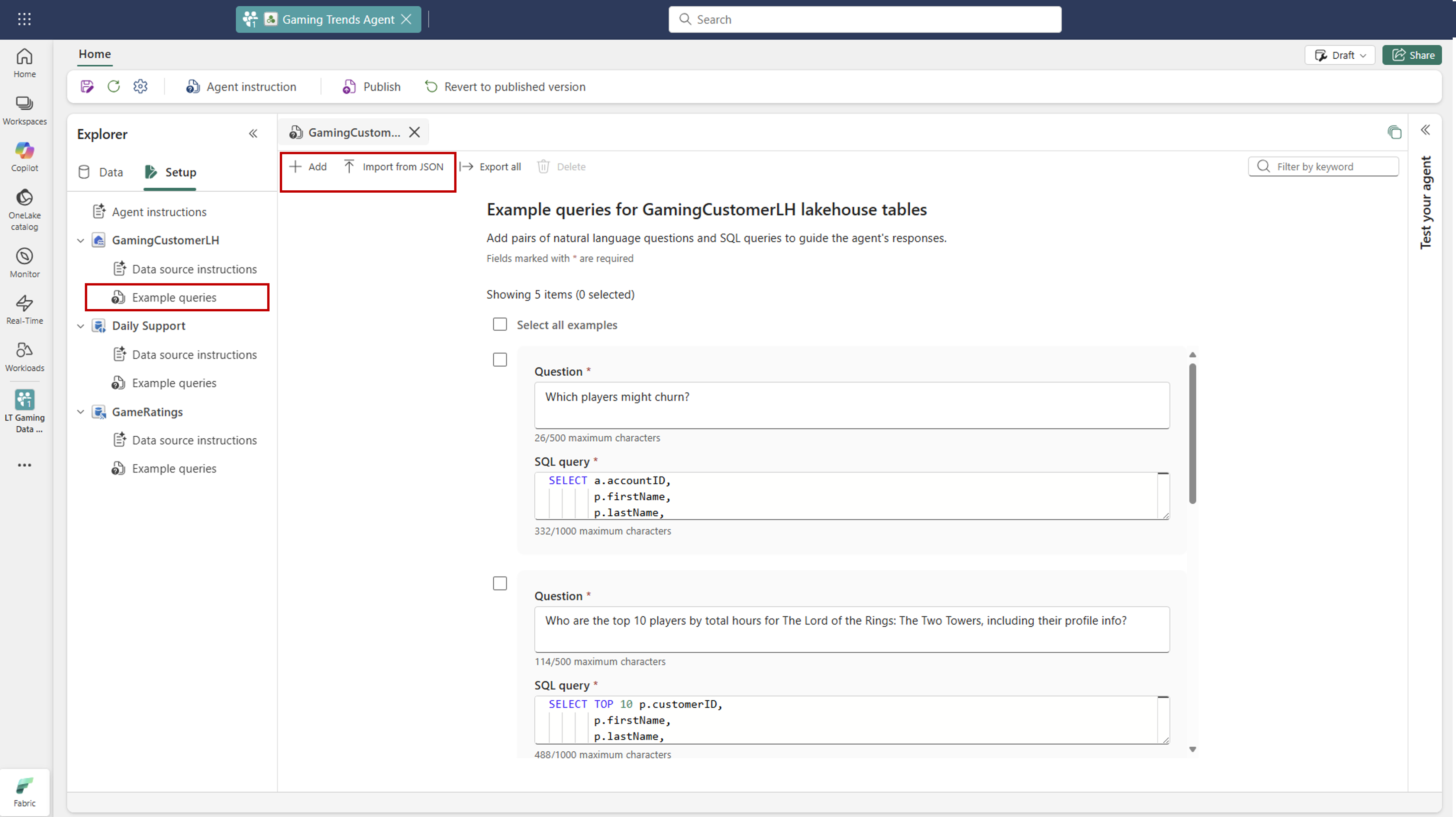 Screenshot showing where you can edit the examples you provide to the AI.