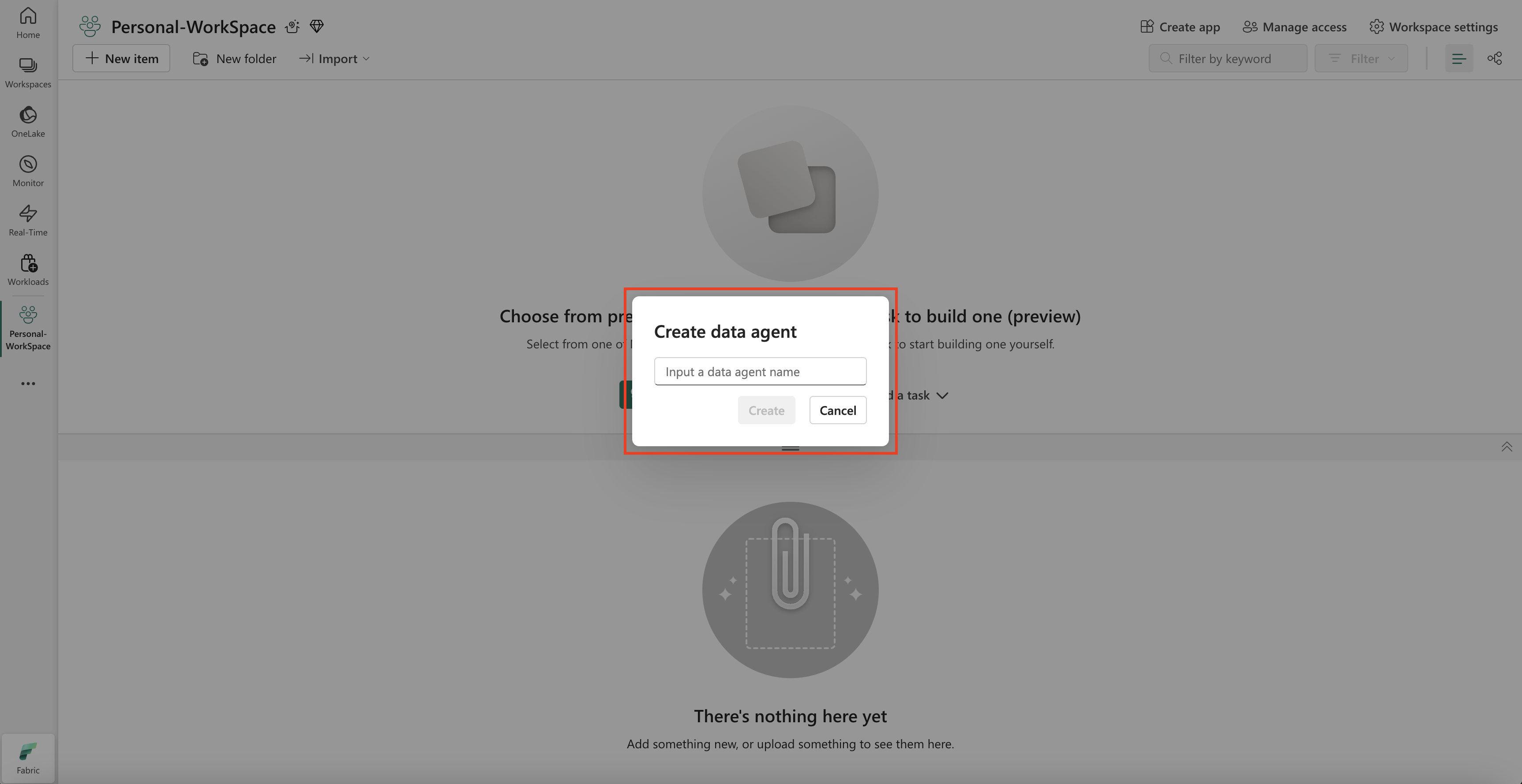Screenshot showing how to provide name for the Fabric data agent.