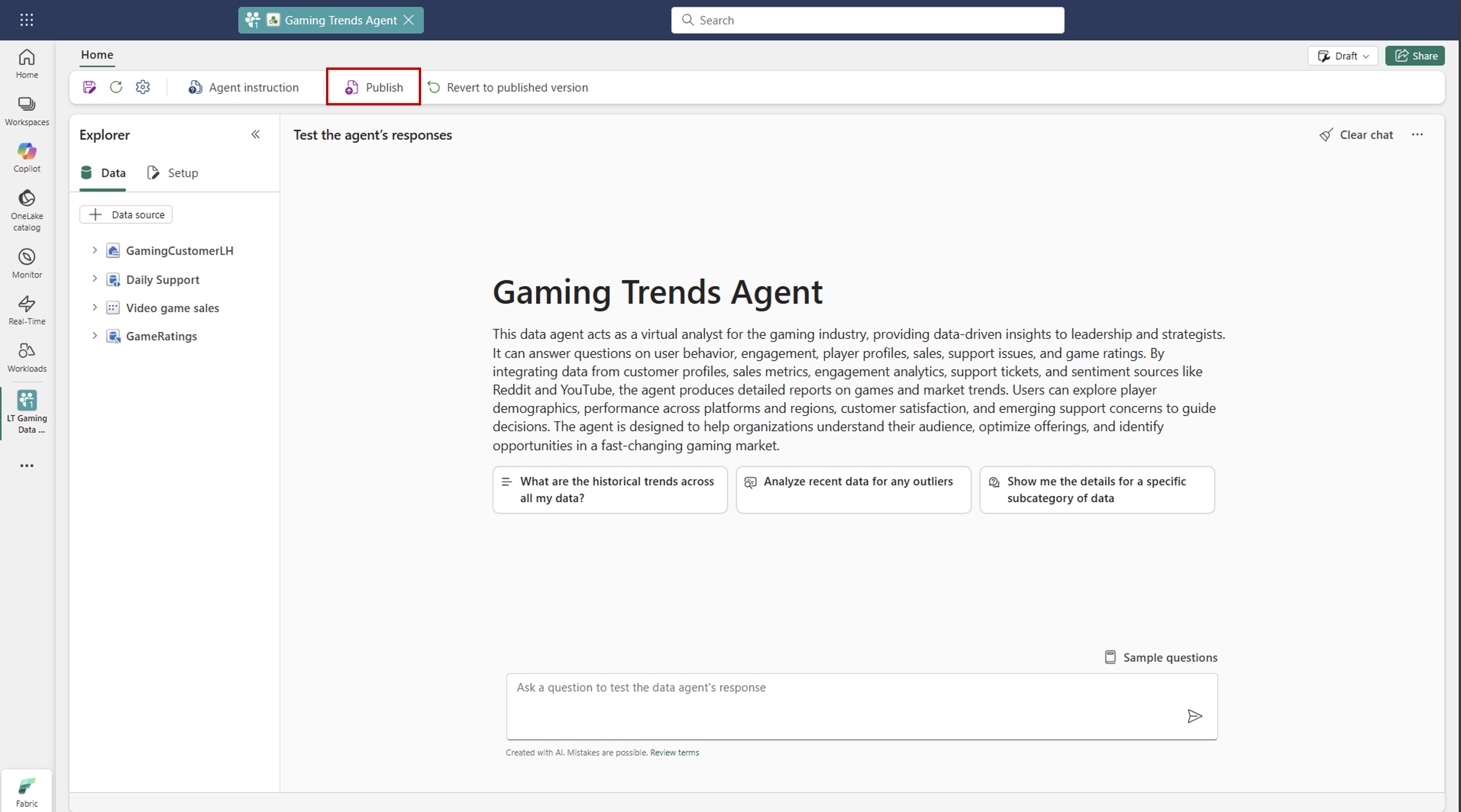 Screenshot showing publication of a Fabric data agent.
