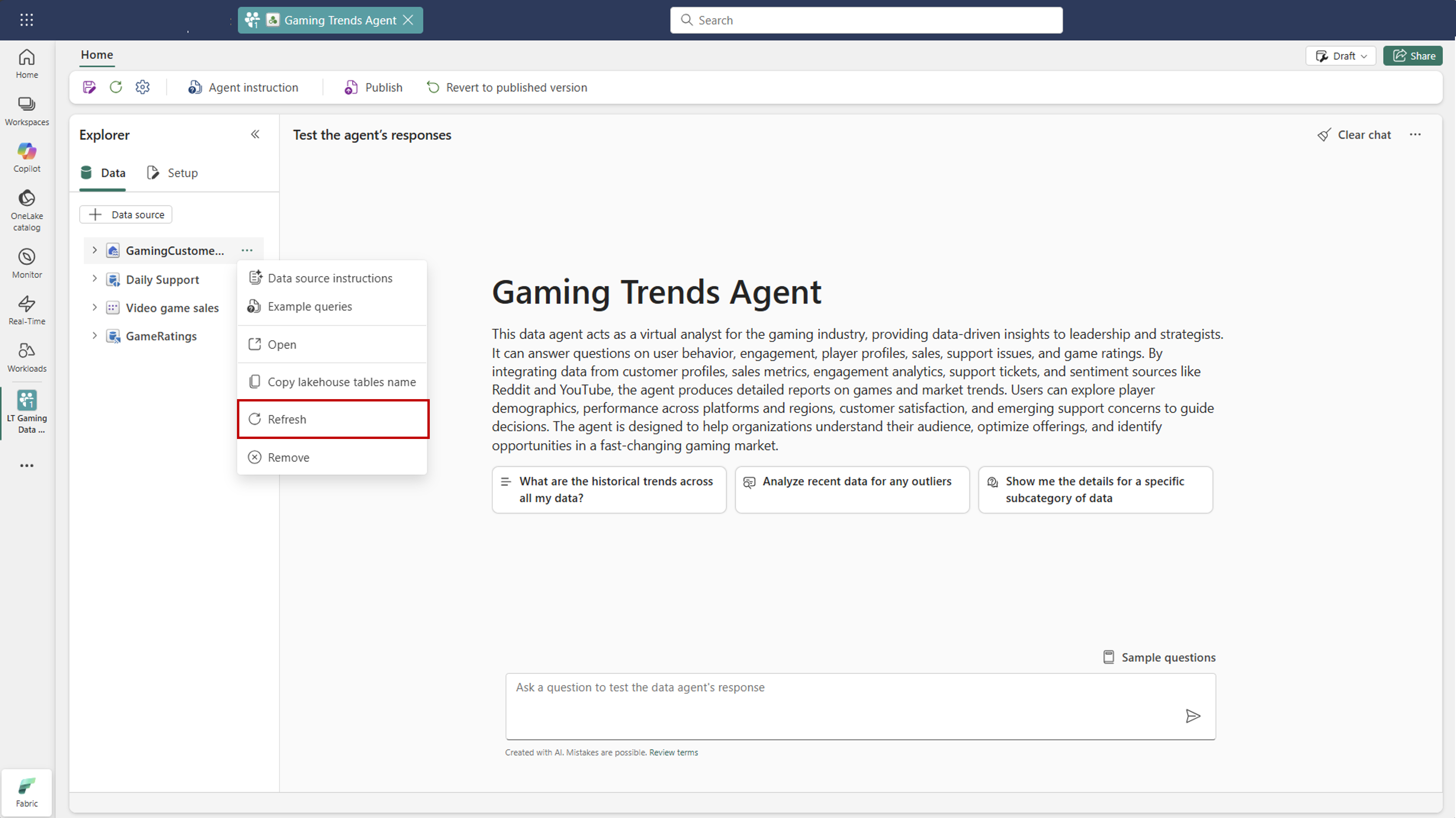Screenshot showing how to refresh a data source.
