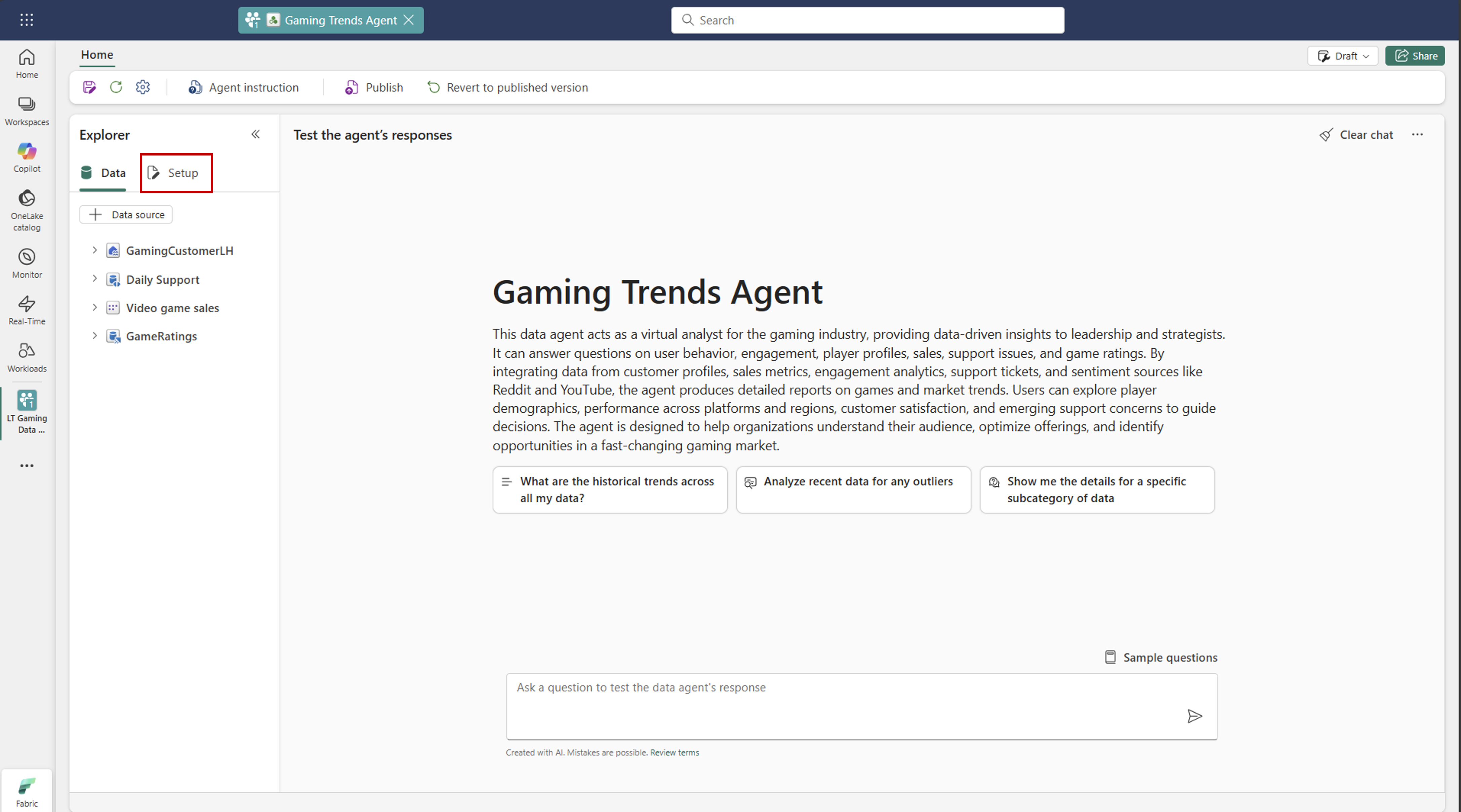 Screenshot showing selection of the Data agent instructions button.