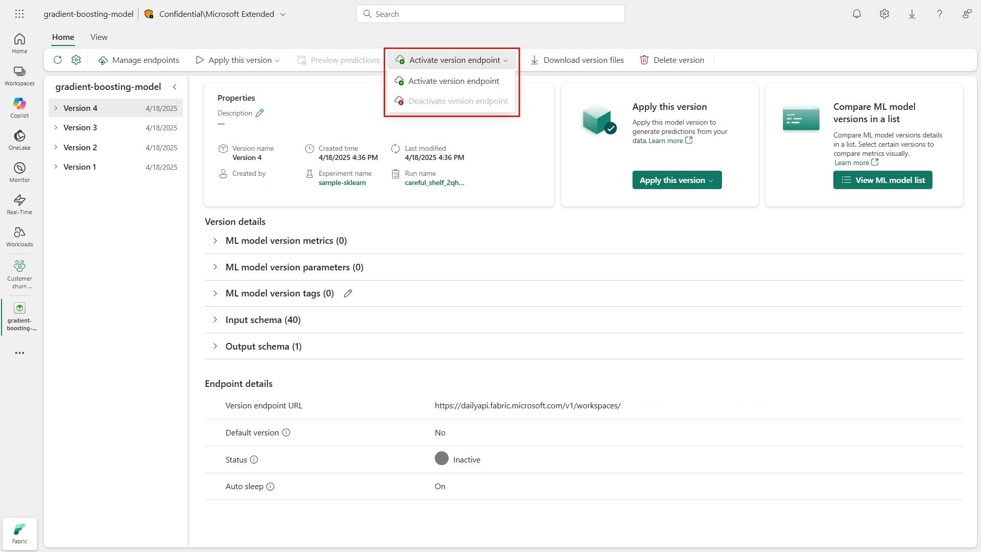 Screenshot showing how to activate an ML model endpoint from the Fabric interface.