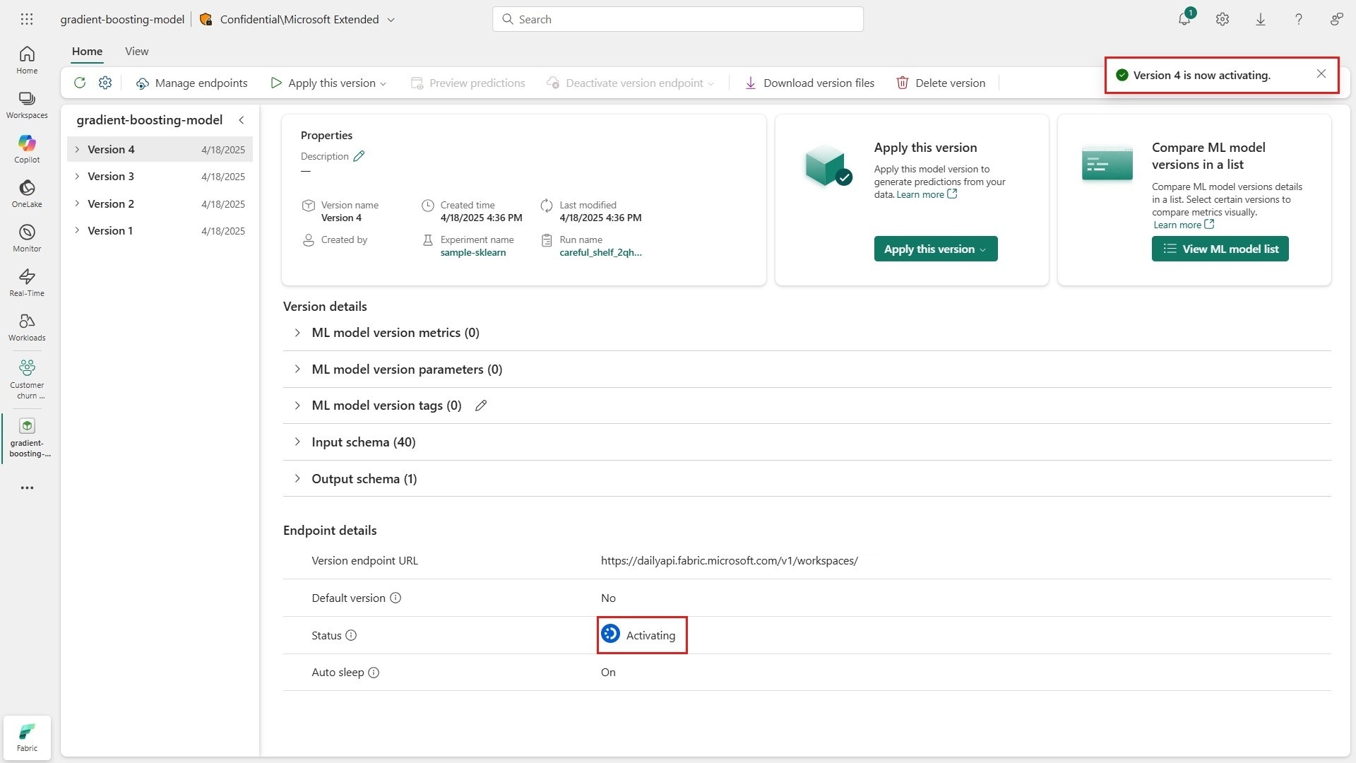Screenshot showing an ML model endpoint that is now activating.