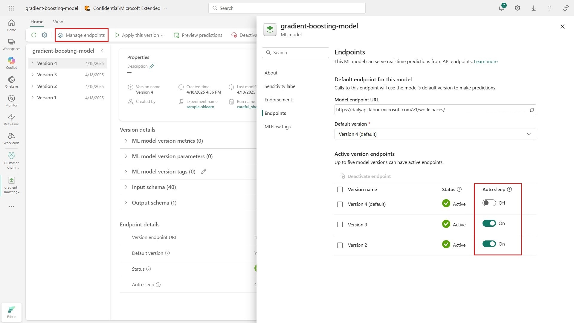 Screenshot showing how to change the auto sleep property on ML model endpoints.