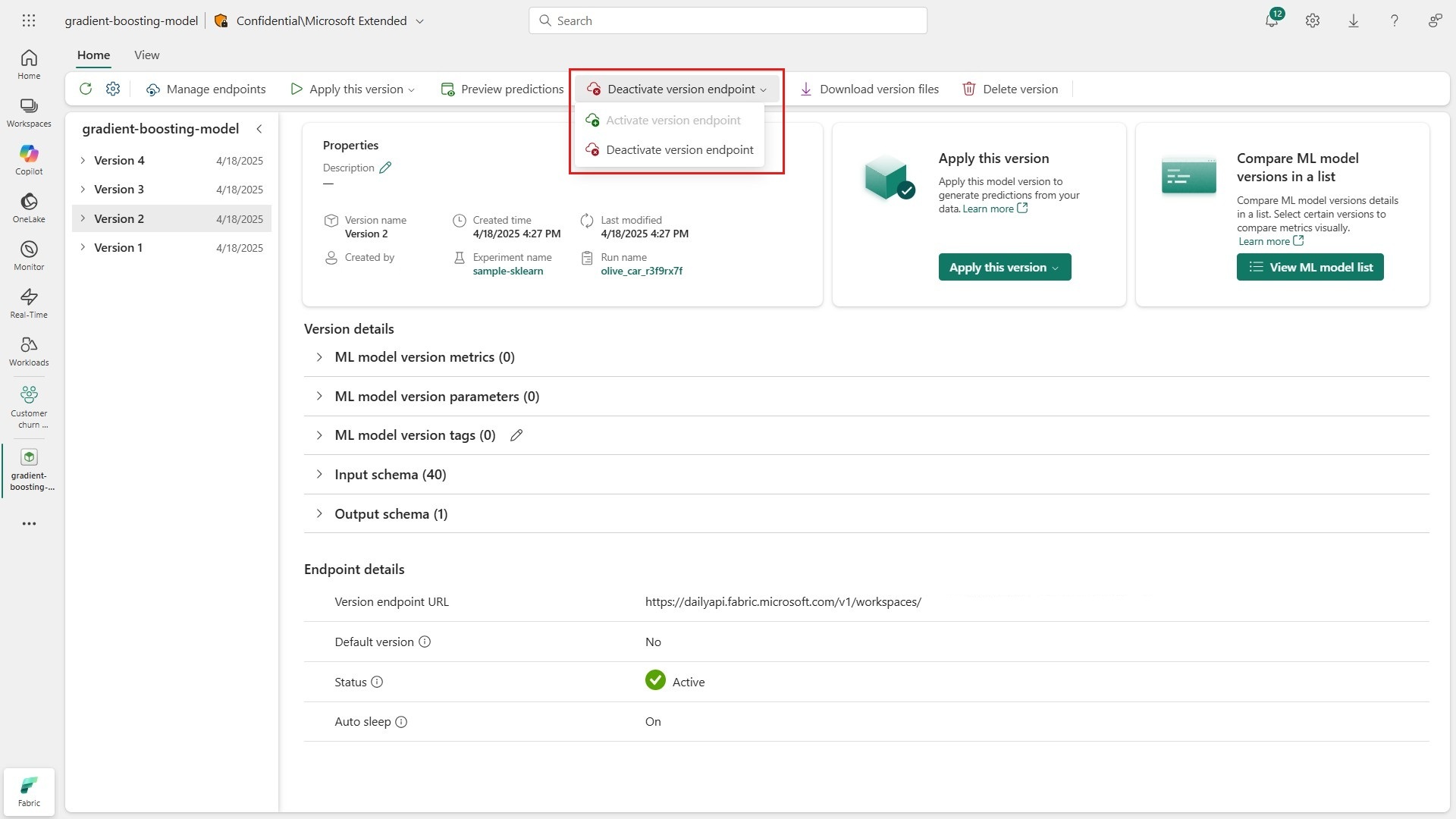 Screenshot showing how to deactivate an ML model endpoint from the Fabric interface.