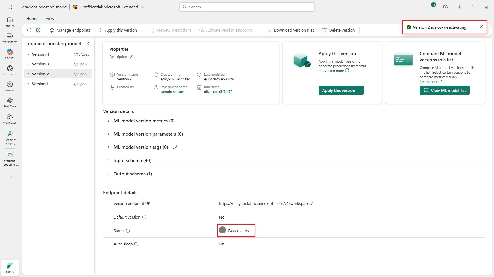 Screenshot showing an ML model endpoint that is now deactivating.