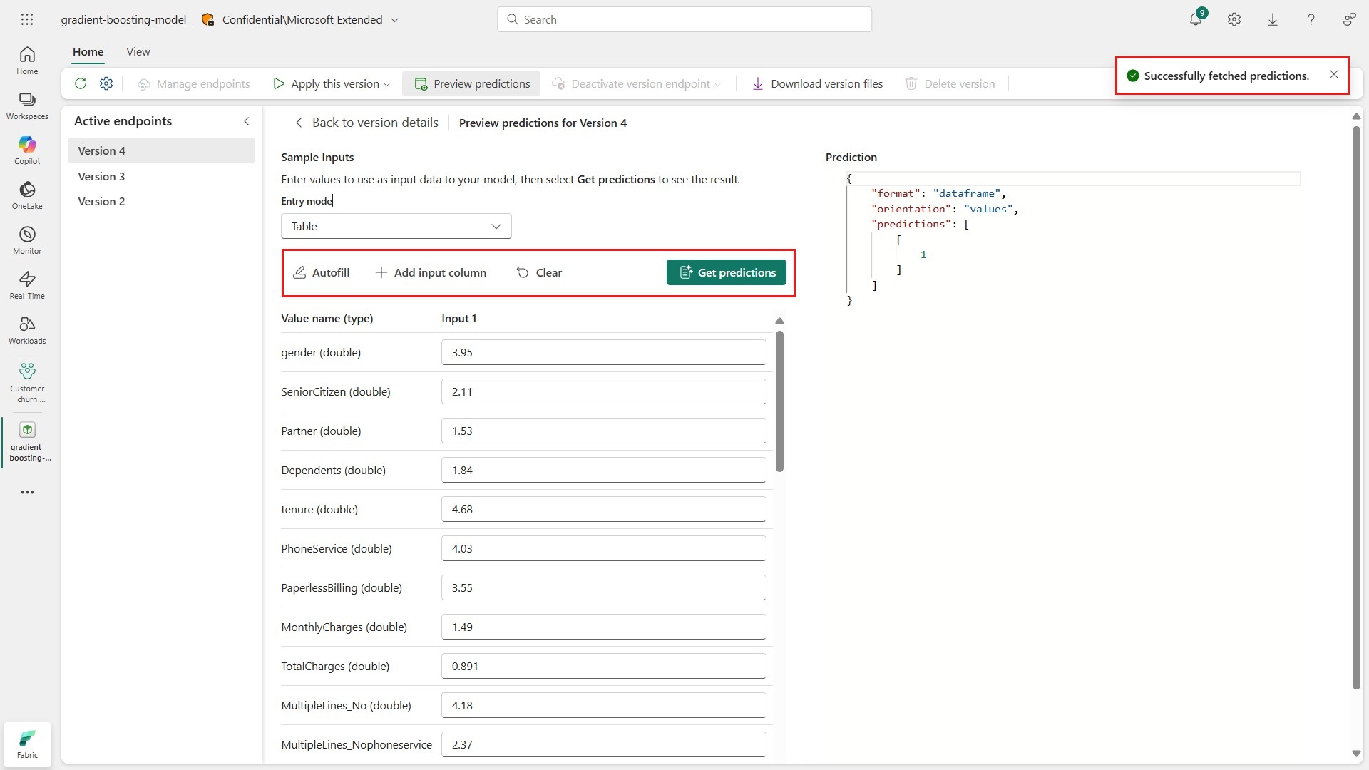 Screenshot showing the form-based view for sending sample requests to an active ML model endpoint.