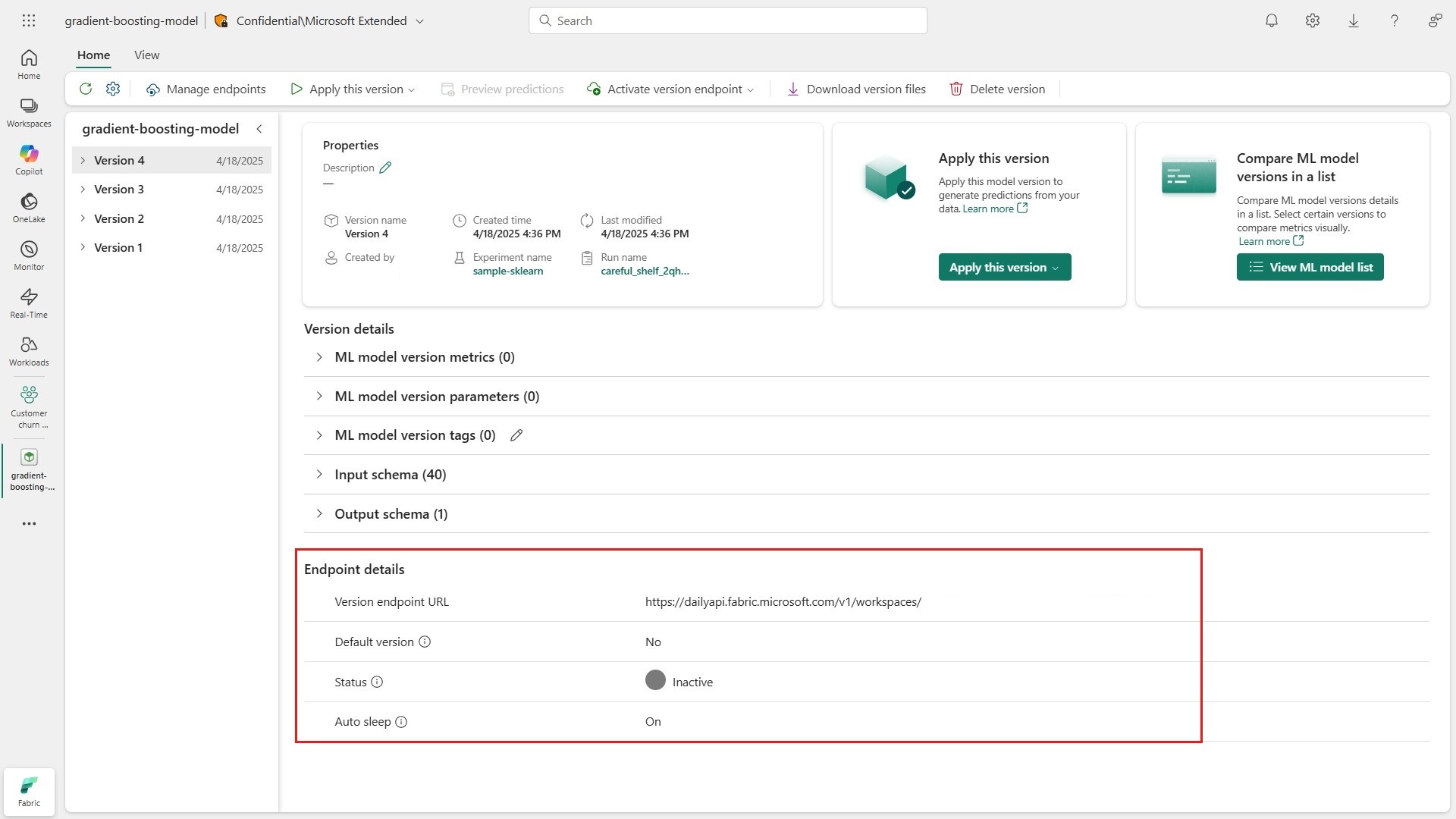 Screenshot showing the properties of an ML model endpoint, which can be used to serve real-time predictions.