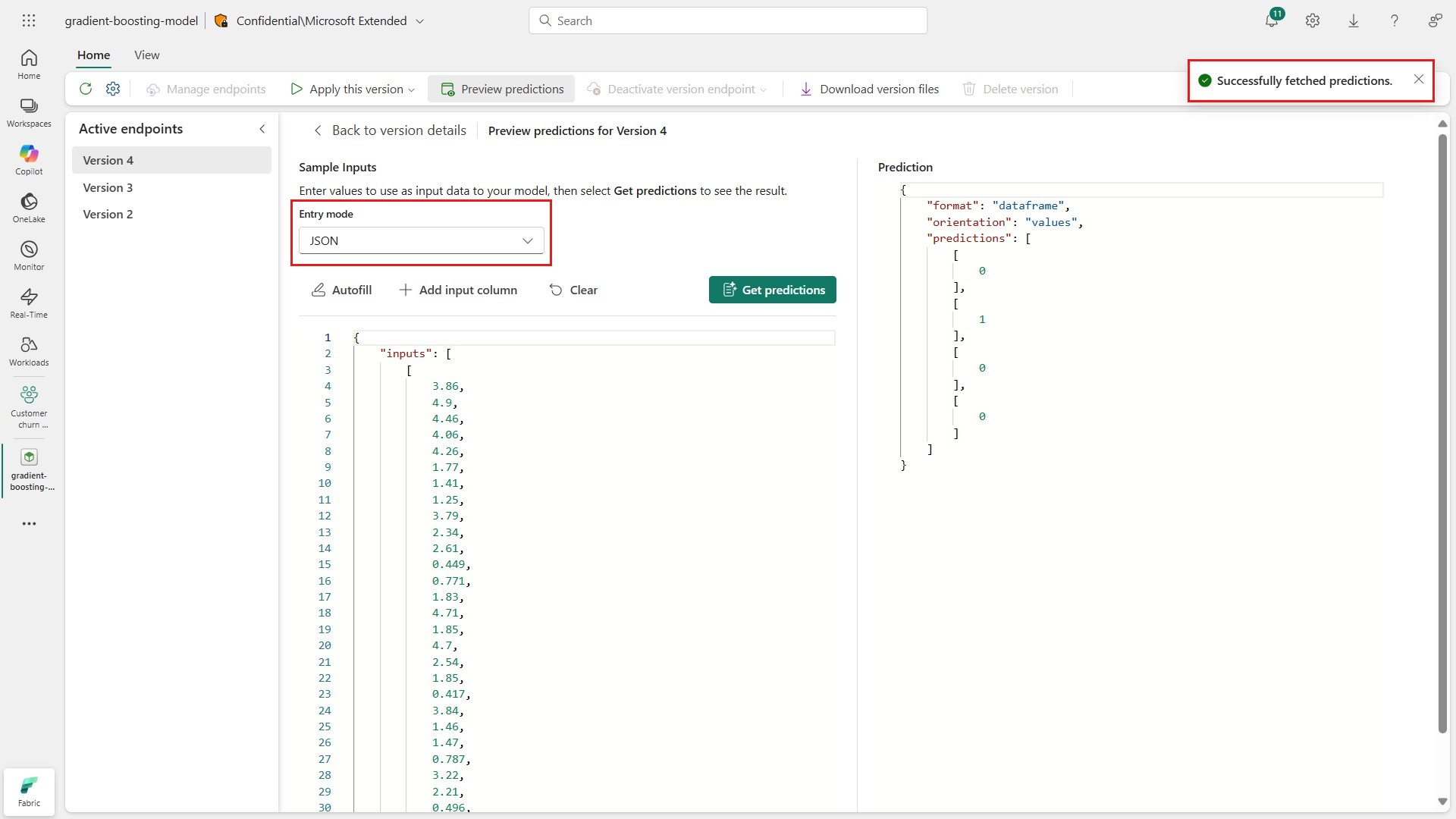 Screenshot showing the JSON-based view for sending sample requests to an active ML model endpoint.