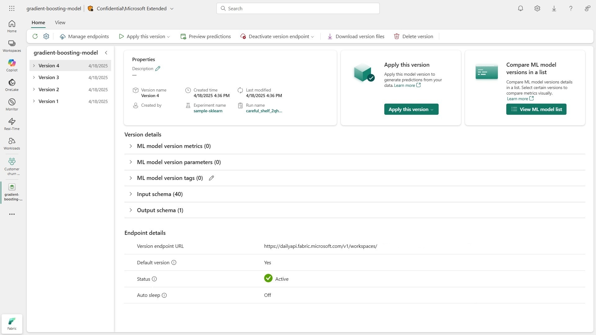 Screenshot showing an ML model in Fabric with a built-in endpoint property for serving real-time predictions.