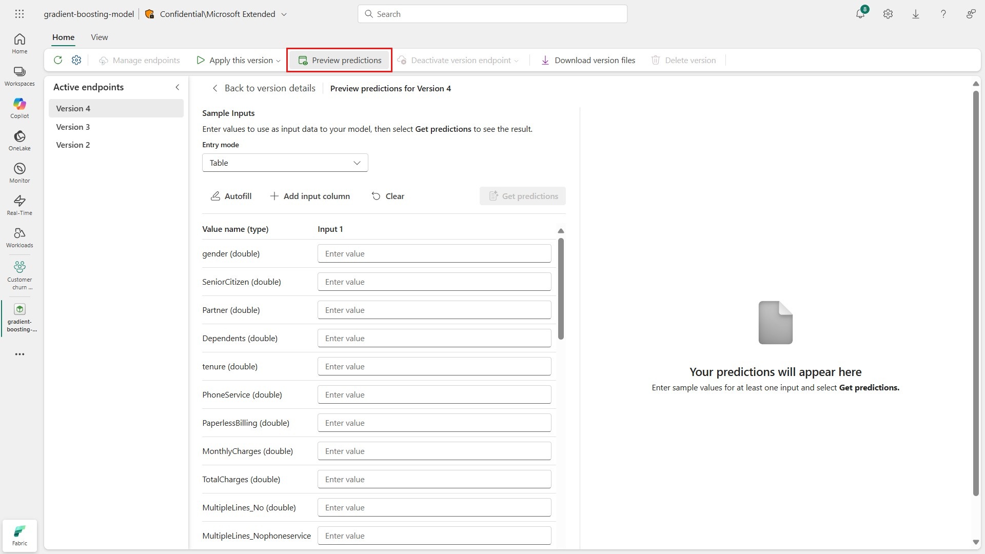 Screenshot showing the built-in preview experience for getting sample predictions from an active ML model endpoint.