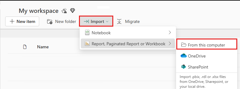 Screenshot of the interface for uploading a semantic model into the workspace.