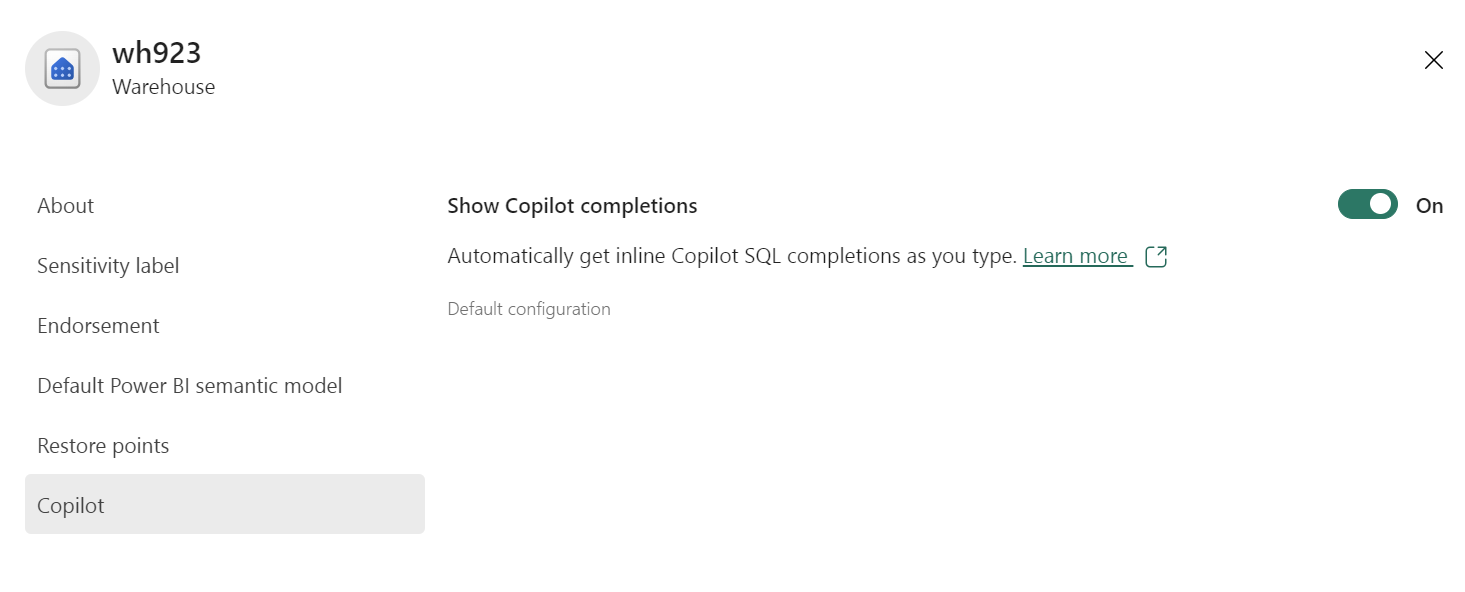 Screenshot of the Copilot in-line completions setting in the setting pane.