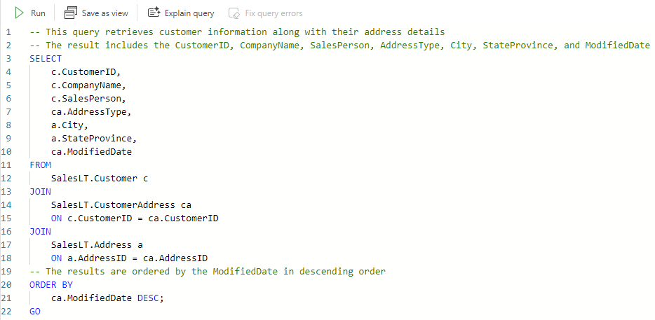 Screenshot from the Fabric portal showing comments added by Copilot in the T-SQL code.