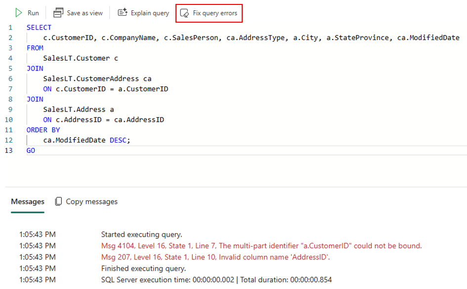 Screenshot from the Fabric portal showing the Fix quick action and a T-SQL query with an error.