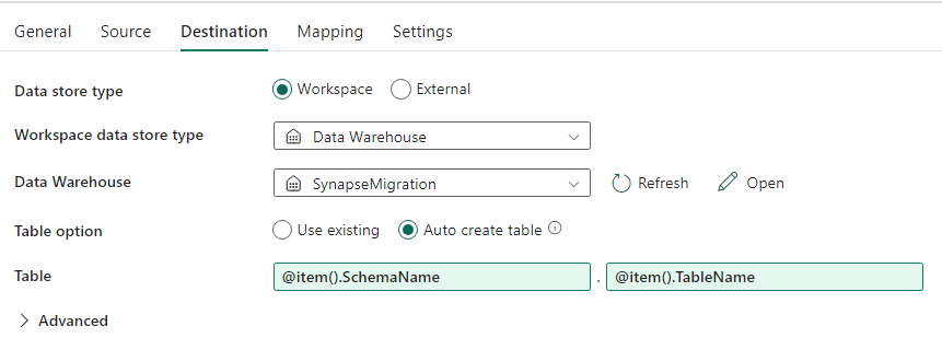 Screenshot from Data Factory showing the Destination tab of the Copy Activity inside each ForEach Loop.