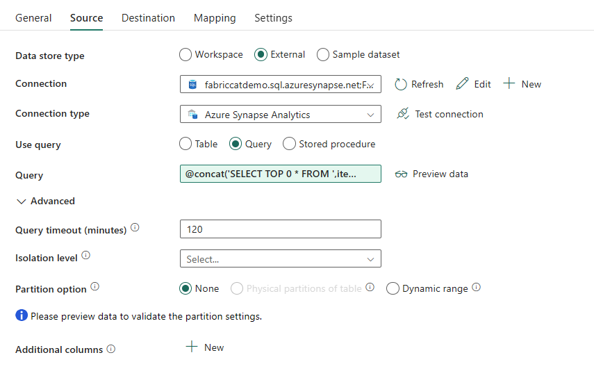 Screenshot from Data Factory showing the Source tab of the Copy Activity inside the ForEach Loop.