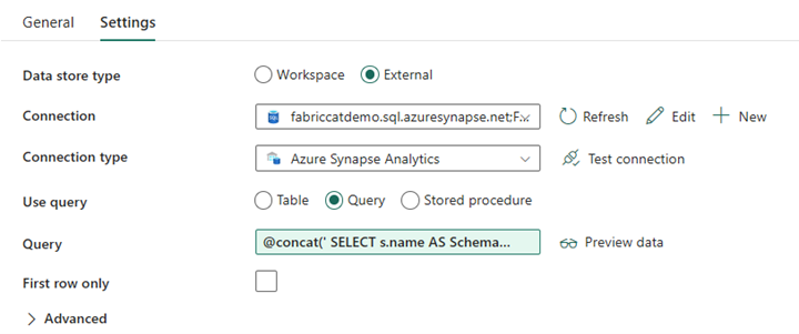 Screenshot from Data Factory showing the Settings tab of a Pipeline. The 'Query' button is selected and code is pasted into the 'Query' field.
