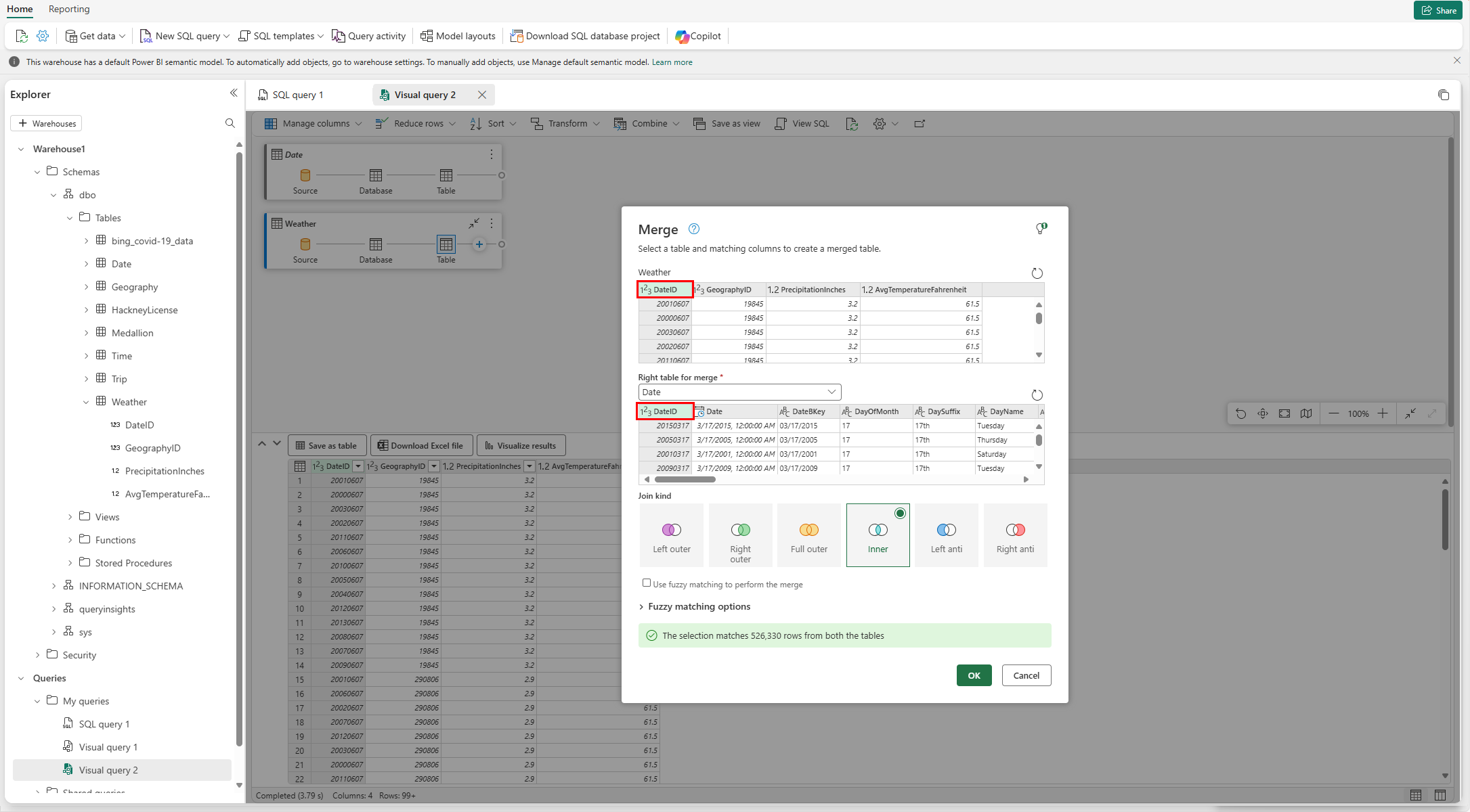 Screenshot of the Merge window joining the Date and Trip tables in the visual query editor.