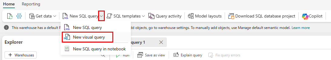 Screenshot showing where to select New visual query in the ribbon.