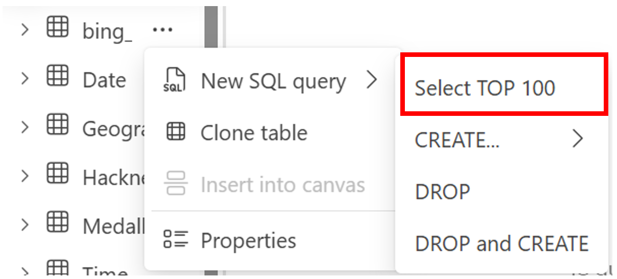Screenshot showing where to select the Select Top 100 Rows option in the right-click menu.
