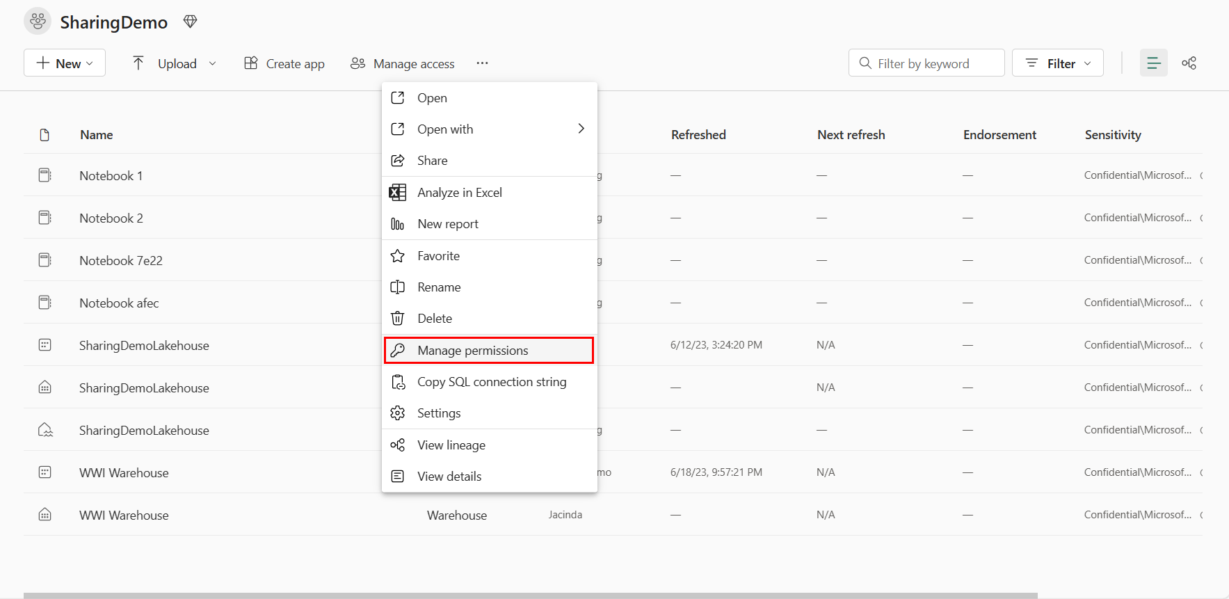 Screenshot showing a user selecting Manage permissions in the warehouse context menu.
