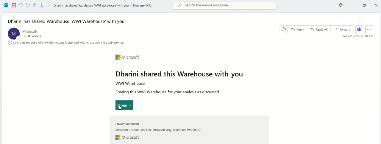 Screenshot showing the shared user's email notification of a shared warehouse.